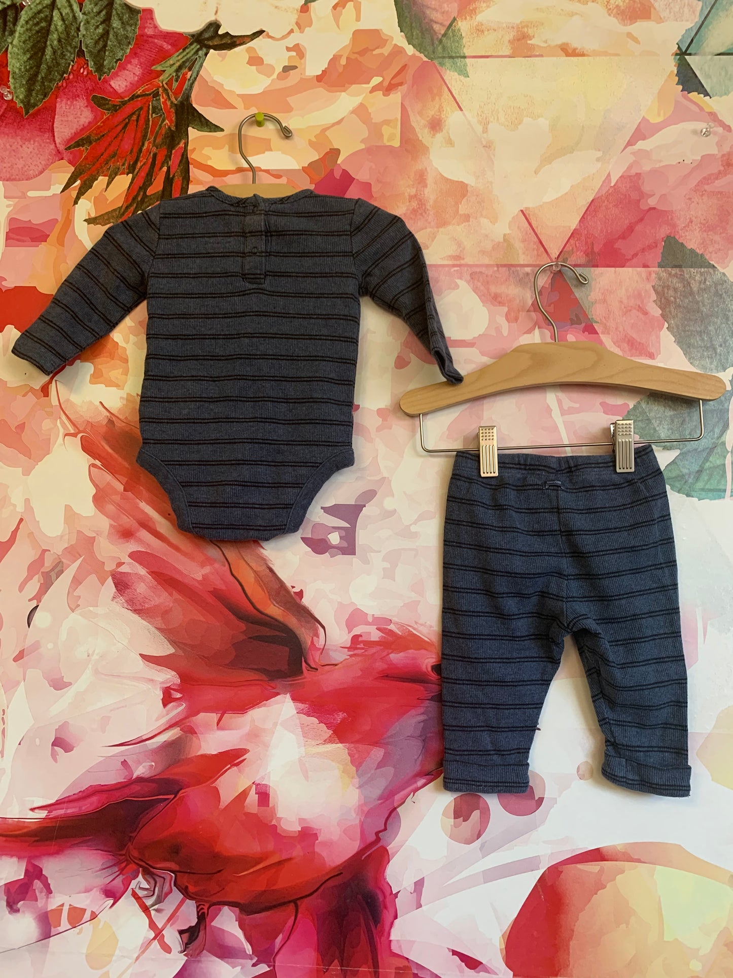 Baby Gap blue/grey striped long sleeve onesie & joggers. Size 3-6m