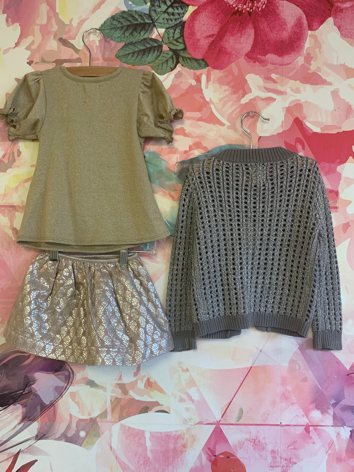 Peek shimmery gold skirt, shimmery gold short sleeve top, silver shimmery crochet cardigan. Size 12-18m