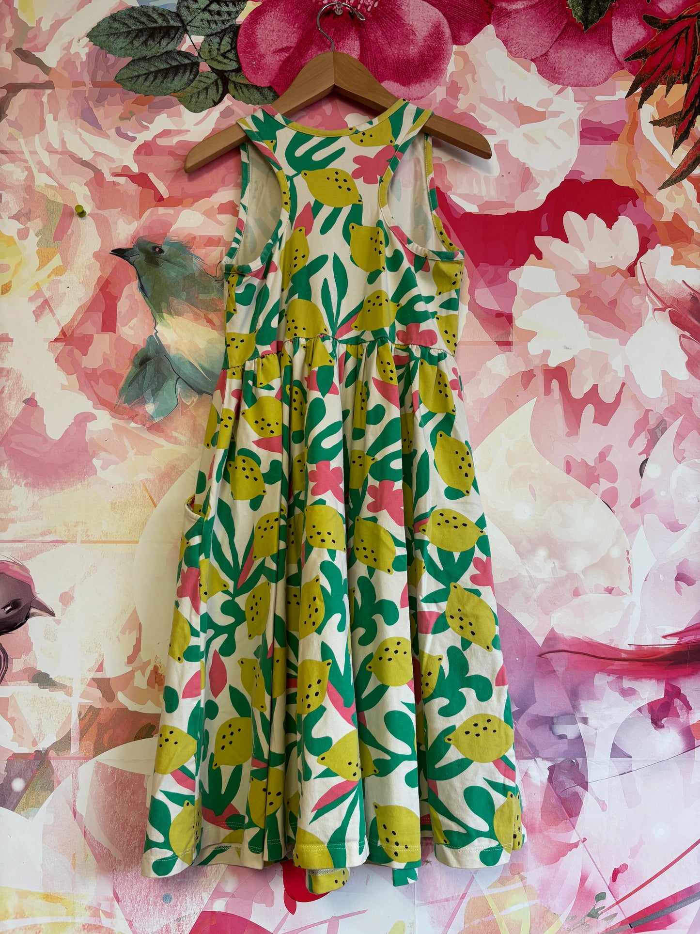 Hanna Andersson tank dress with yellow lemons, green leaves, pink flowers and pockets. Size 10