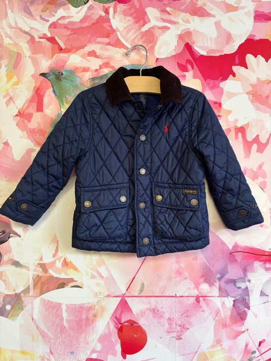 Polo Ralph Lauren navy blue quilted coat with snaps and brown corduroy collar. Size 3T.