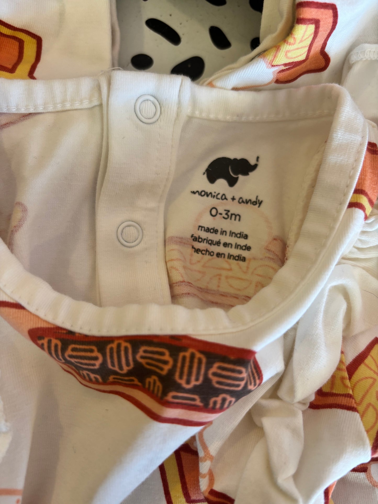Monica & Andy long sleeve cream romper with ruffles on shoulders & Thanksgiving pies. Size 0-3m / NB