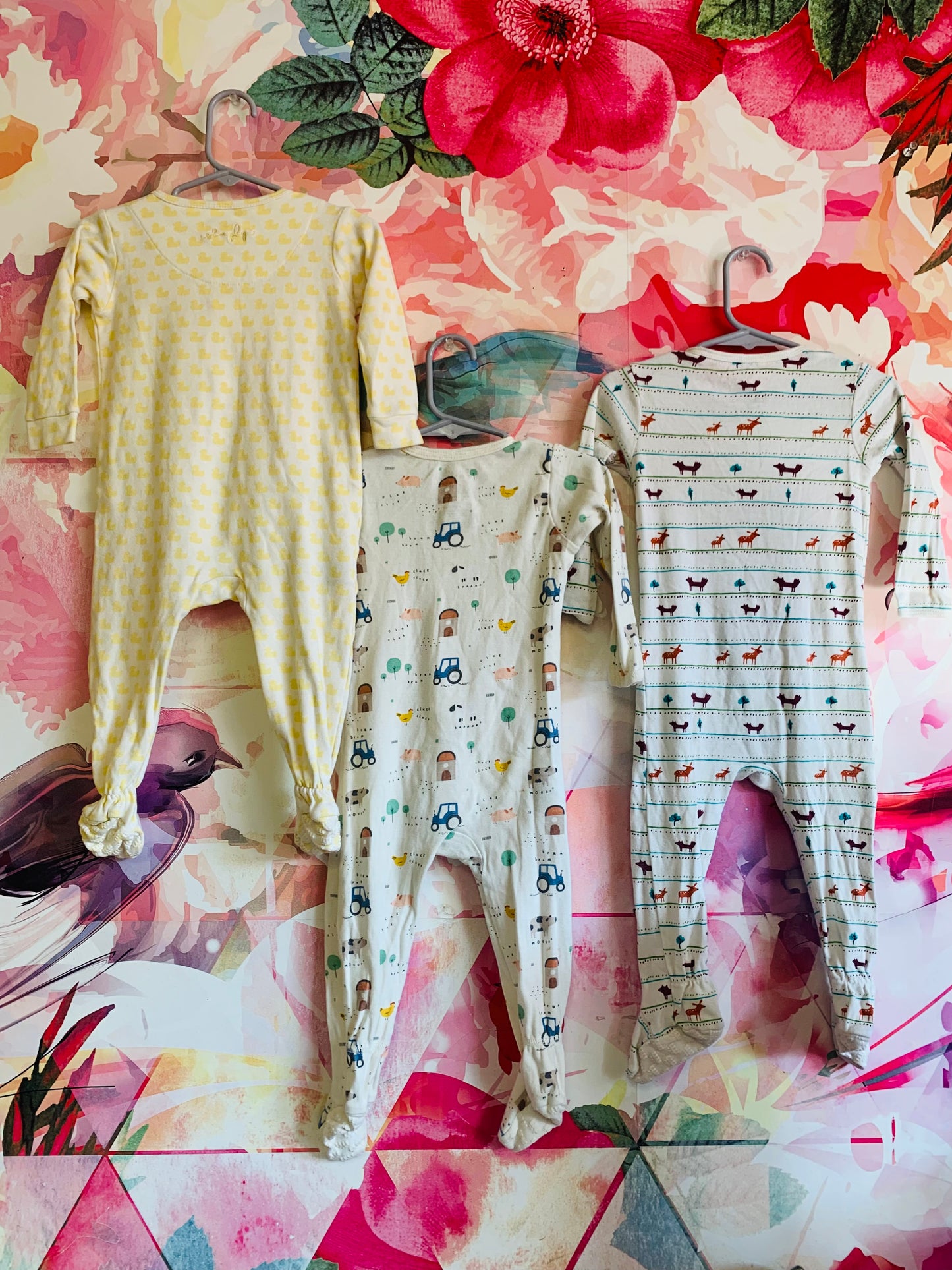 Romper bundle! 2 Magnetic Me rompers - one forest animals, stripes, dots & one farm animals and tractors. 1 Simply white romper with yellow duckies. All Size 12-18m