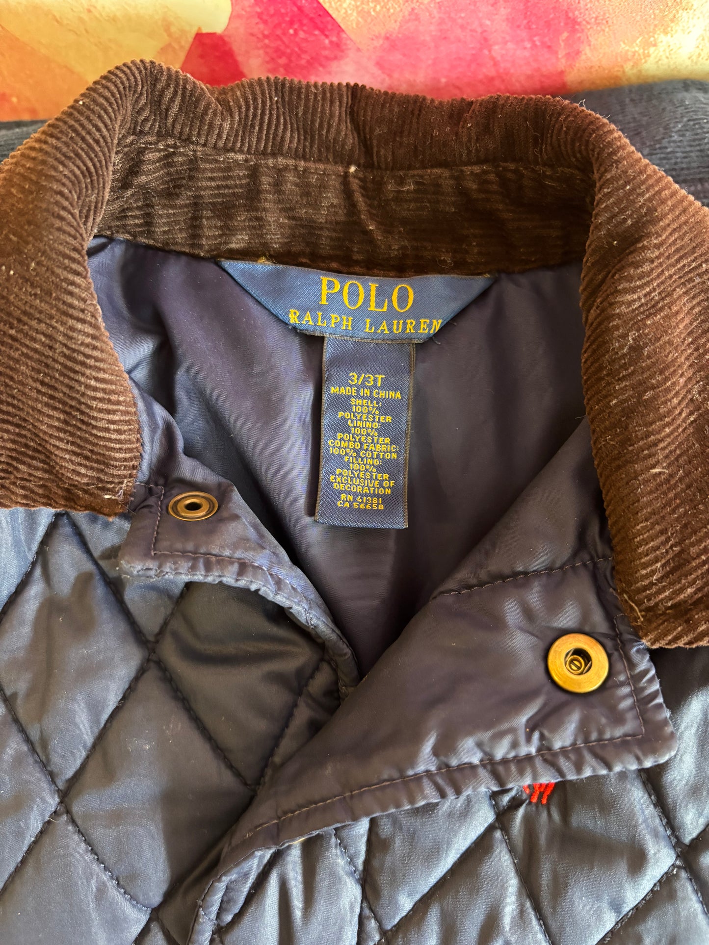 Polo Ralph Lauren navy blue quilted coat with snaps and brown corduroy collar. Size 3T