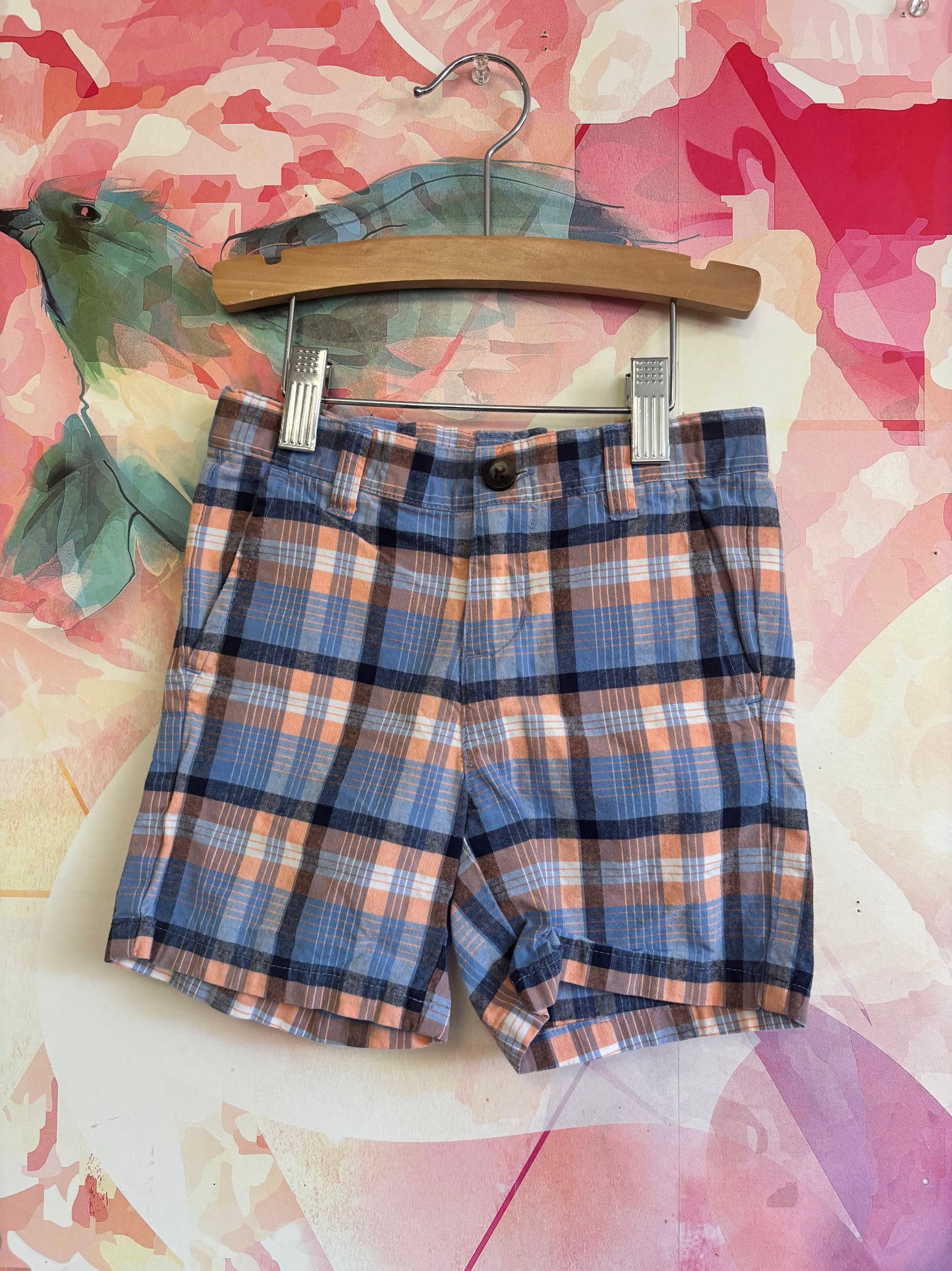 Janie & Jack peach, white, blue plaid shorts. Size 3T.
