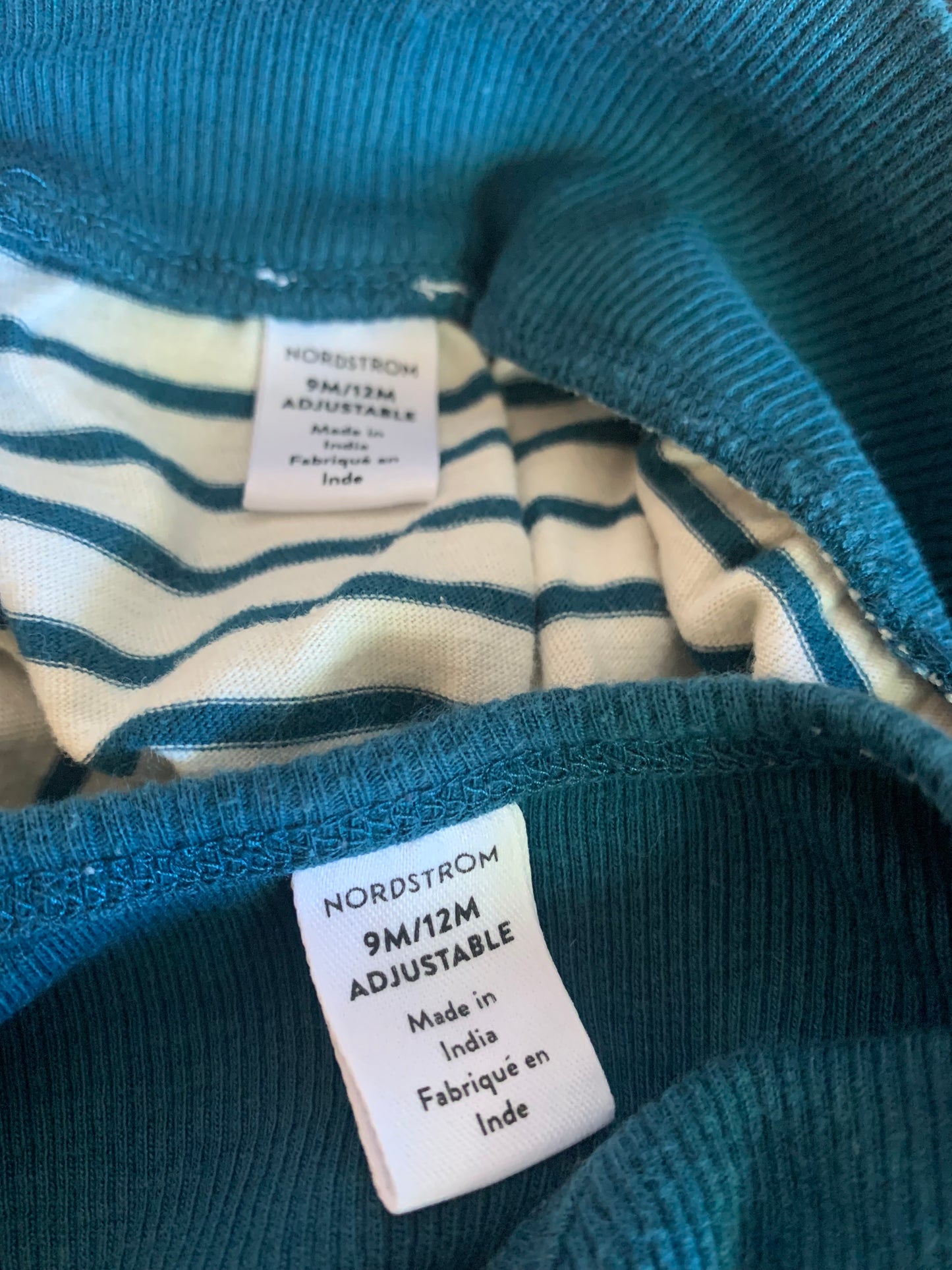 Nordstrom teal long sleeve onesie and teal/white stripe pants. Size 9-12m