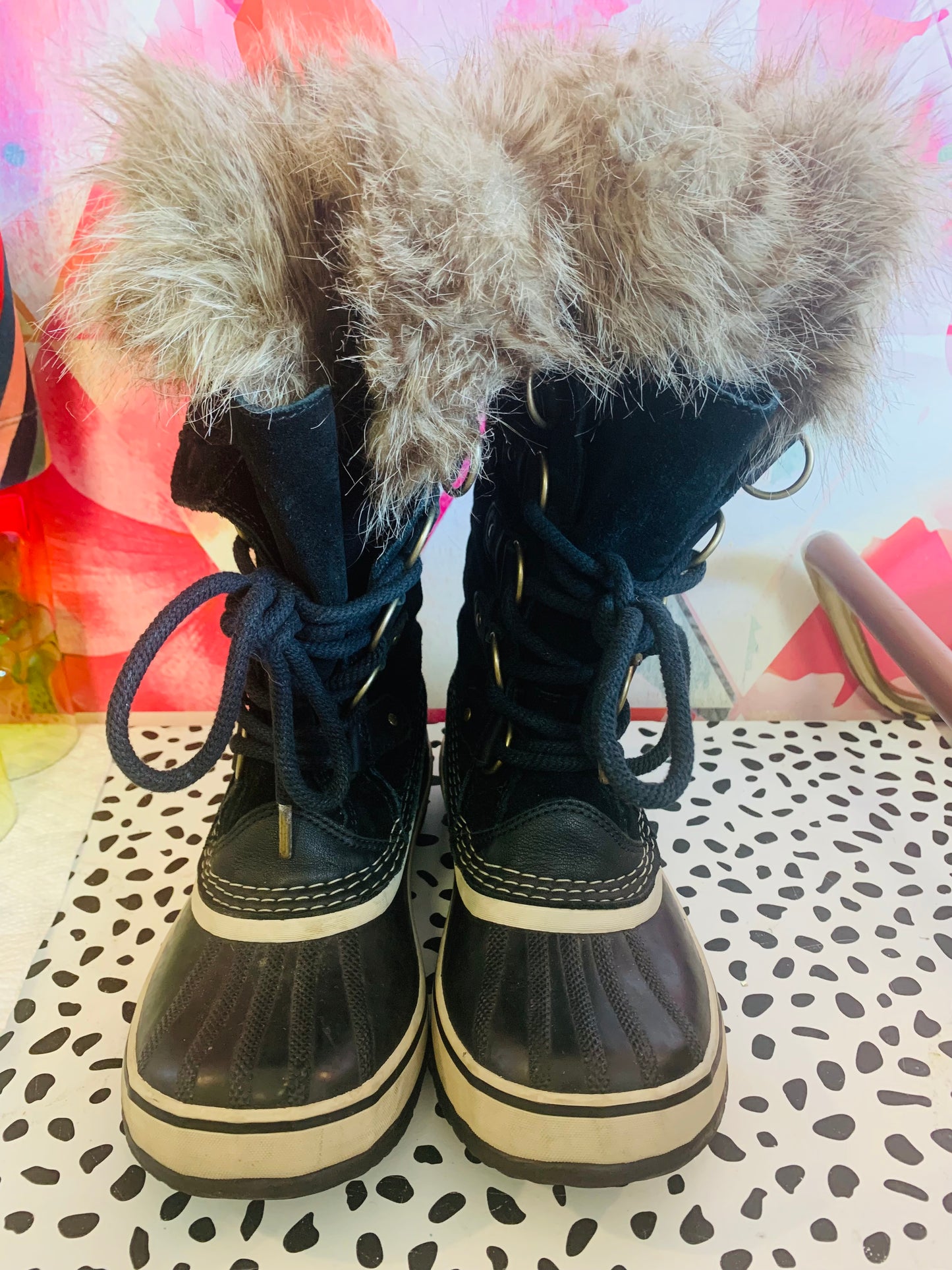 Sorel black tall winter boots. Waterproof shoe and faux fur on top. Size 6.5