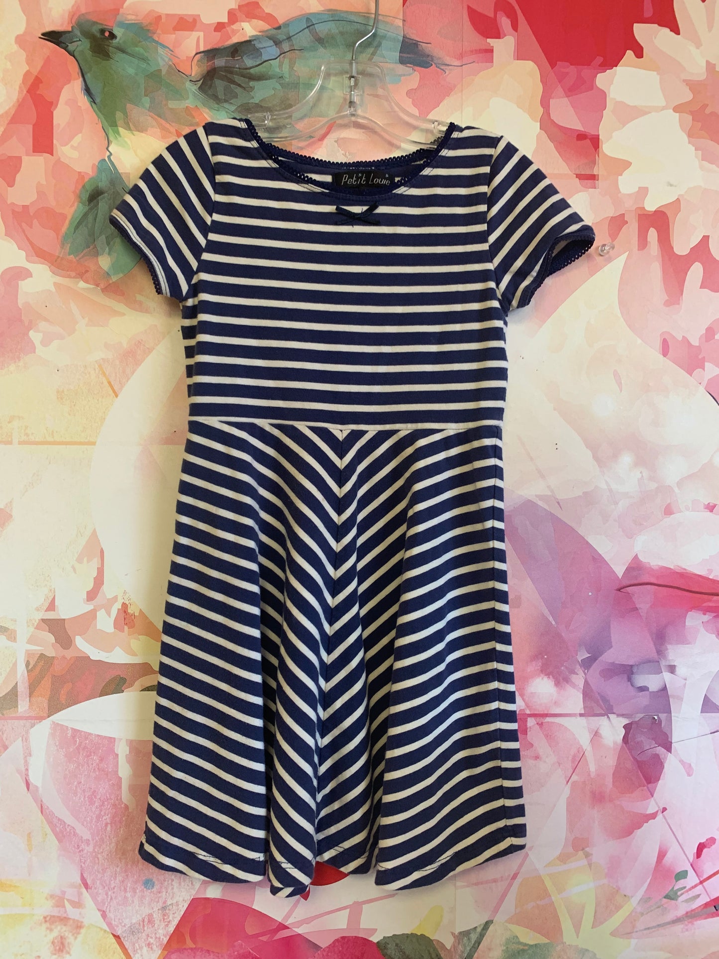Petit Louie blue and white stripe short sleeve dress. Baby B’gosh white 100% cotton cardigan. Both size 5T