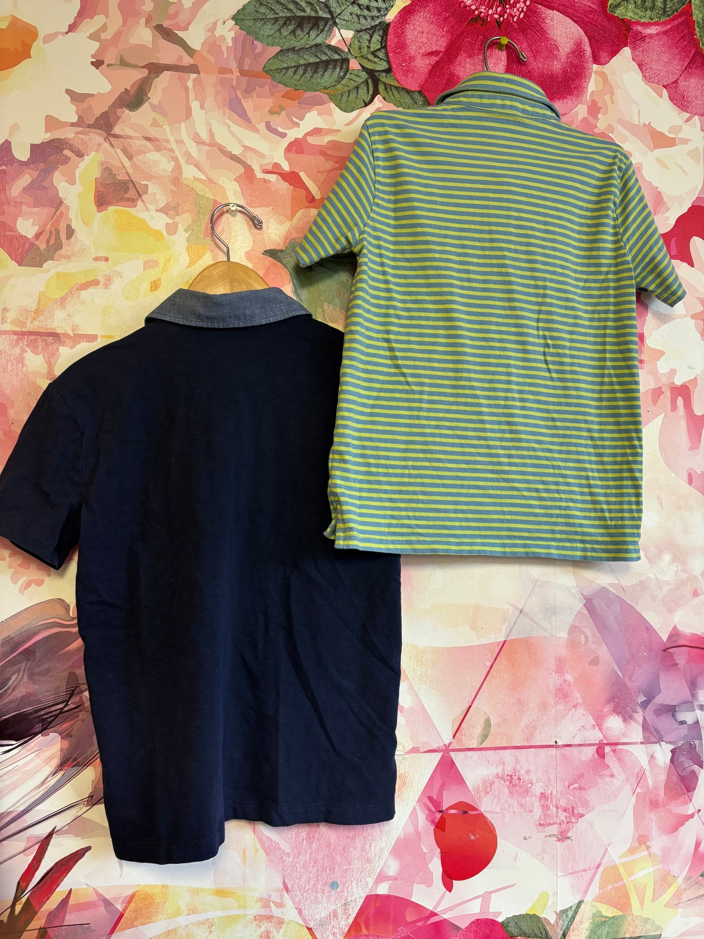 Crewcuts green & blue stripe short sleeve polo. Size 8 / Size 9. Gap Kids navy blue short sleeve polo. Size M (8). Sold together.