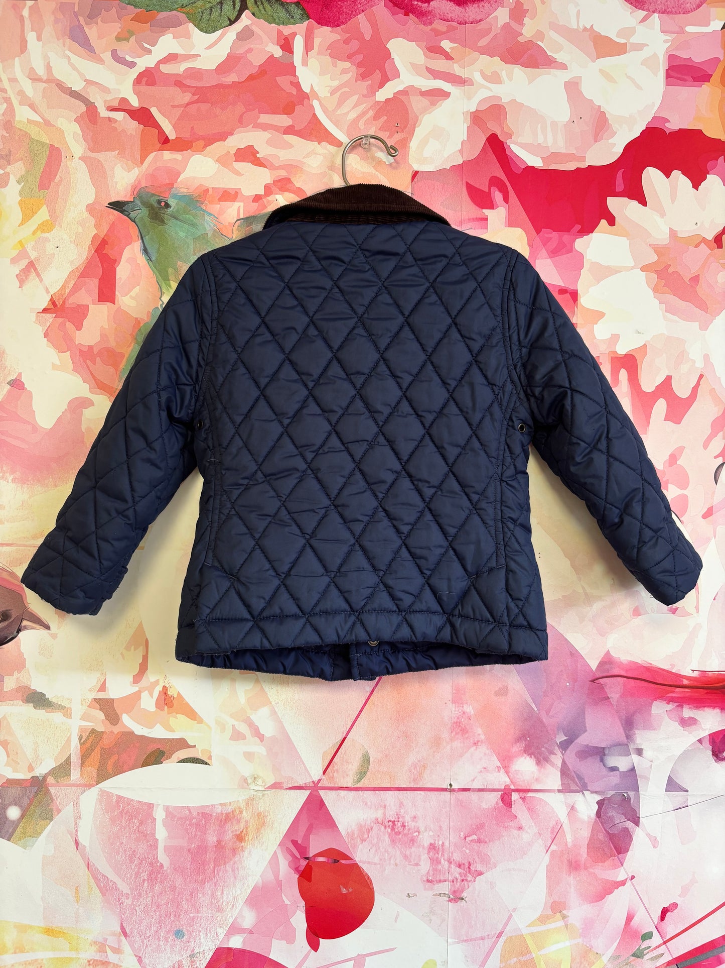 Polo Ralph Lauren navy blue quilted coat with snaps and brown corduroy collar. Size 3T