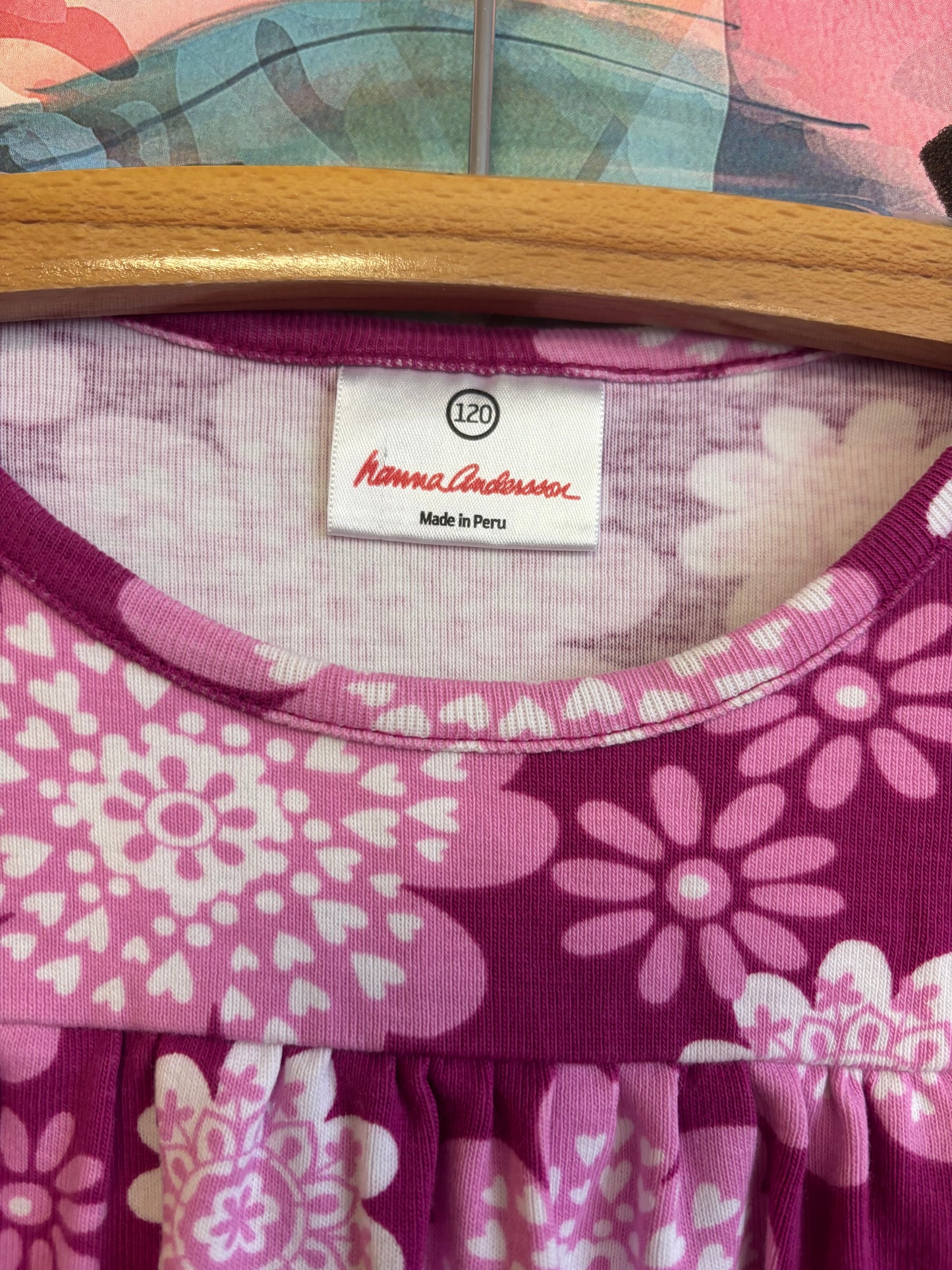 Hanna Andersson pink & white floral long sleeve empire waist dress. Size 6T.