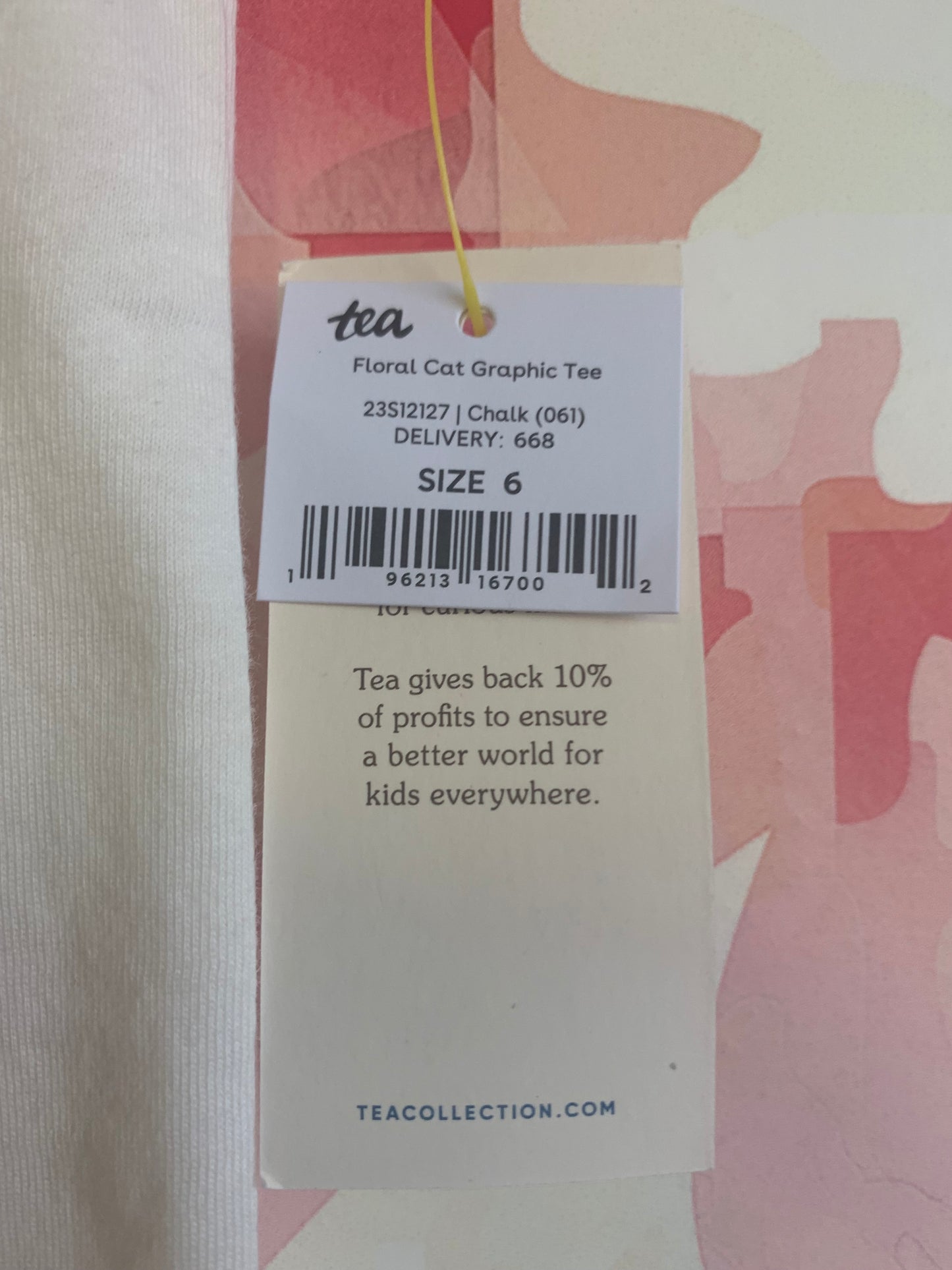 Tea Collection floral cat graphic tee. Cream, pink, purple. Size 6