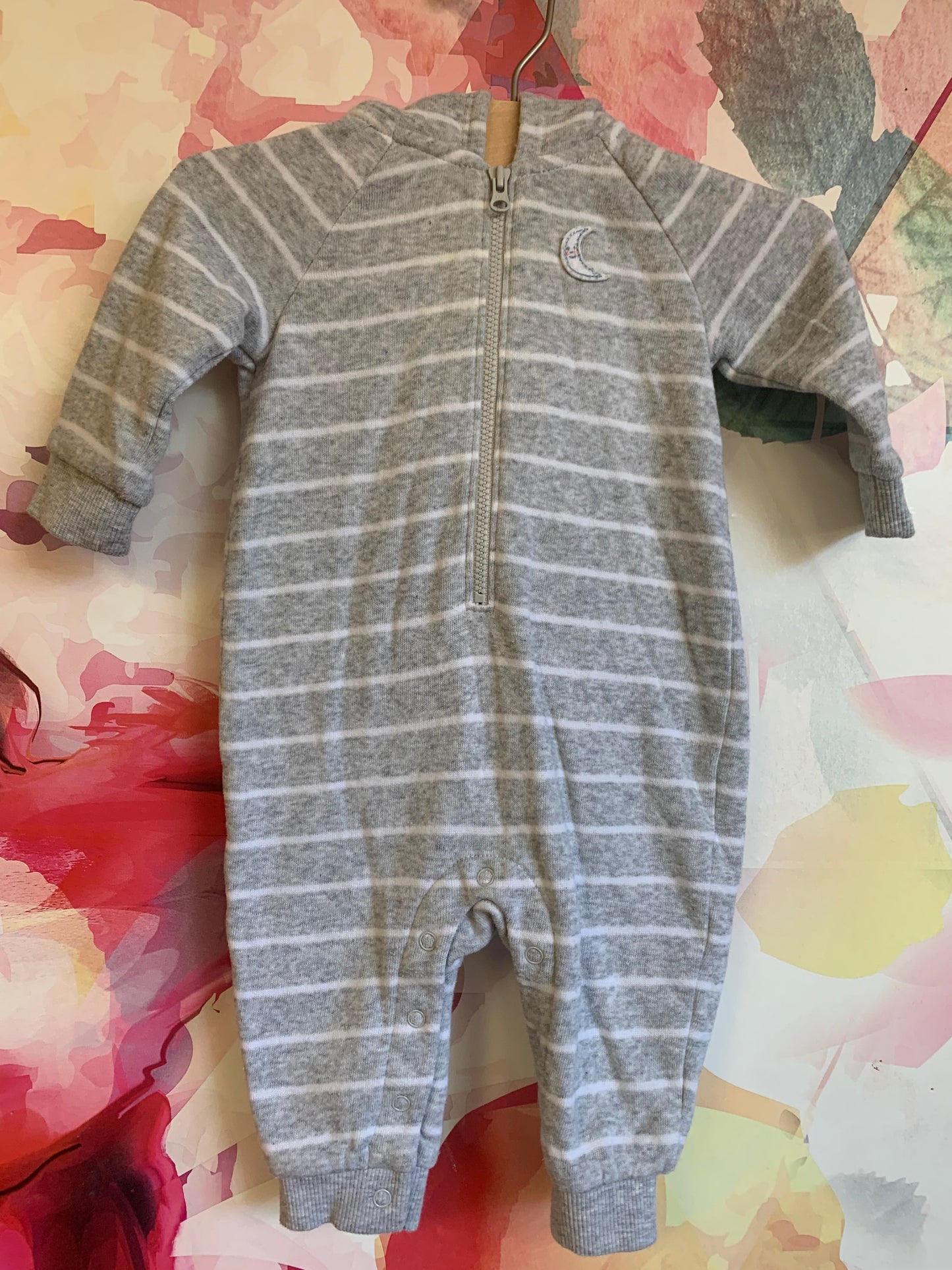 Janie & Jack grey/white stripe hooded romper with fleece lining. Size 3-6m