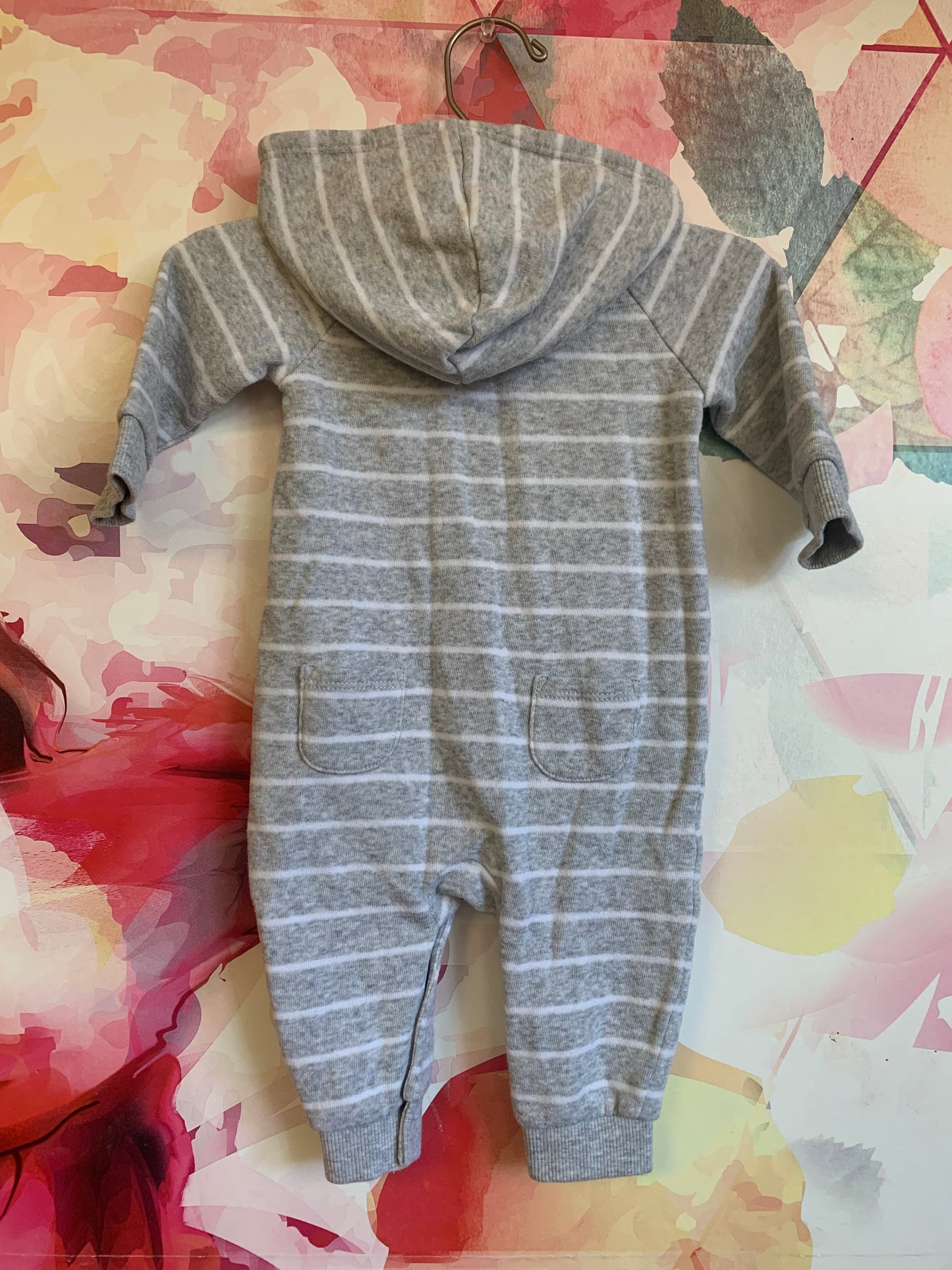 Janie & Jack grey/white stripe hooded romper with fleece lining. Size 3-6m