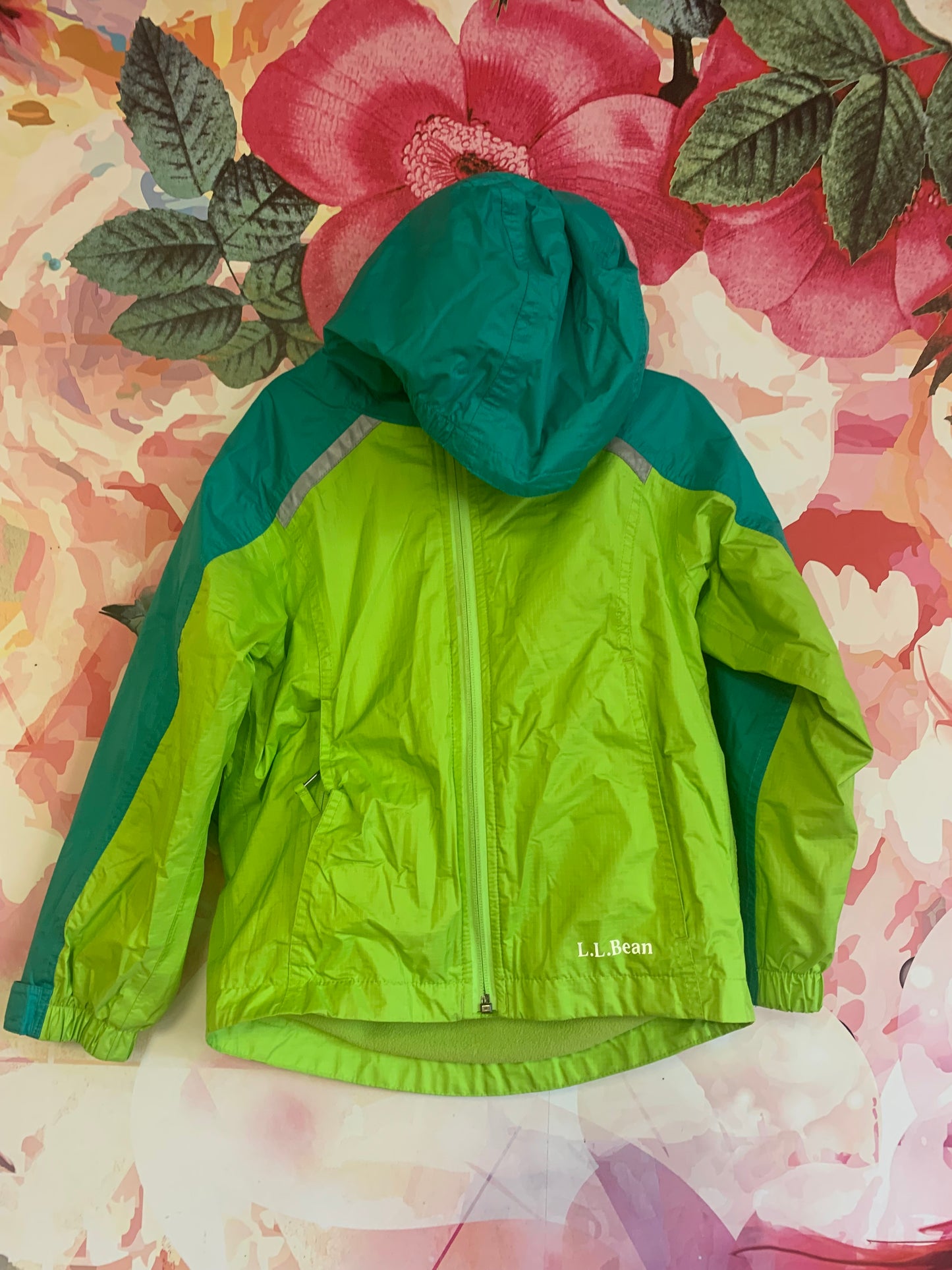 L.L. Bean teal & green raincoat with hood. Fleece lined. Size 4T
