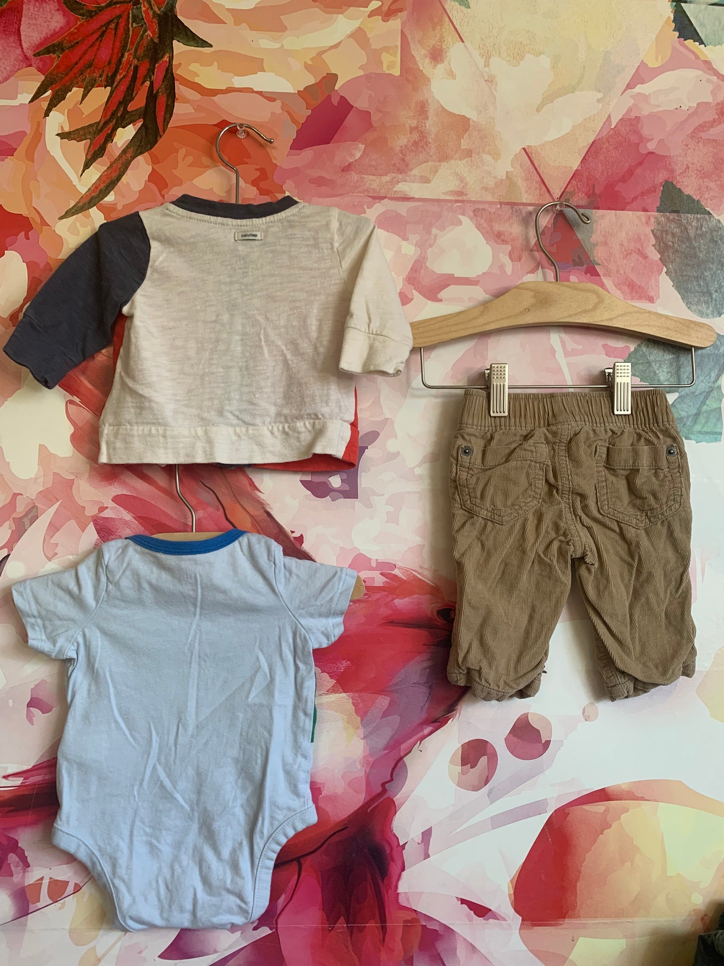Bundle! Baby Gap blue & green alligator onesie, red, white, blue long sleeve button up shirt & khaki corduroys. Size 0-3m / NB