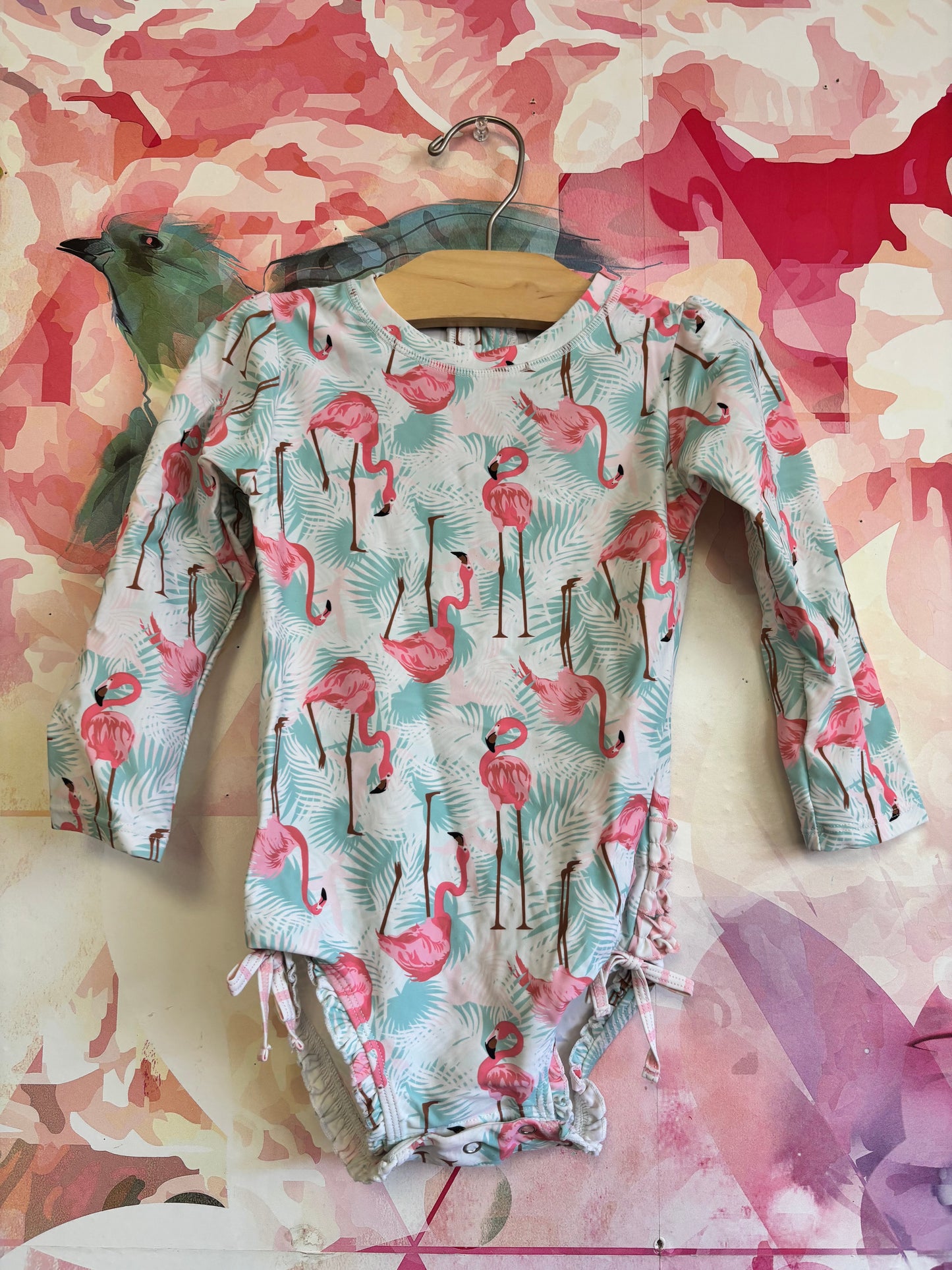 Ruffle Butts pink & blue flamingo one piece swimsuit. Size 3T.