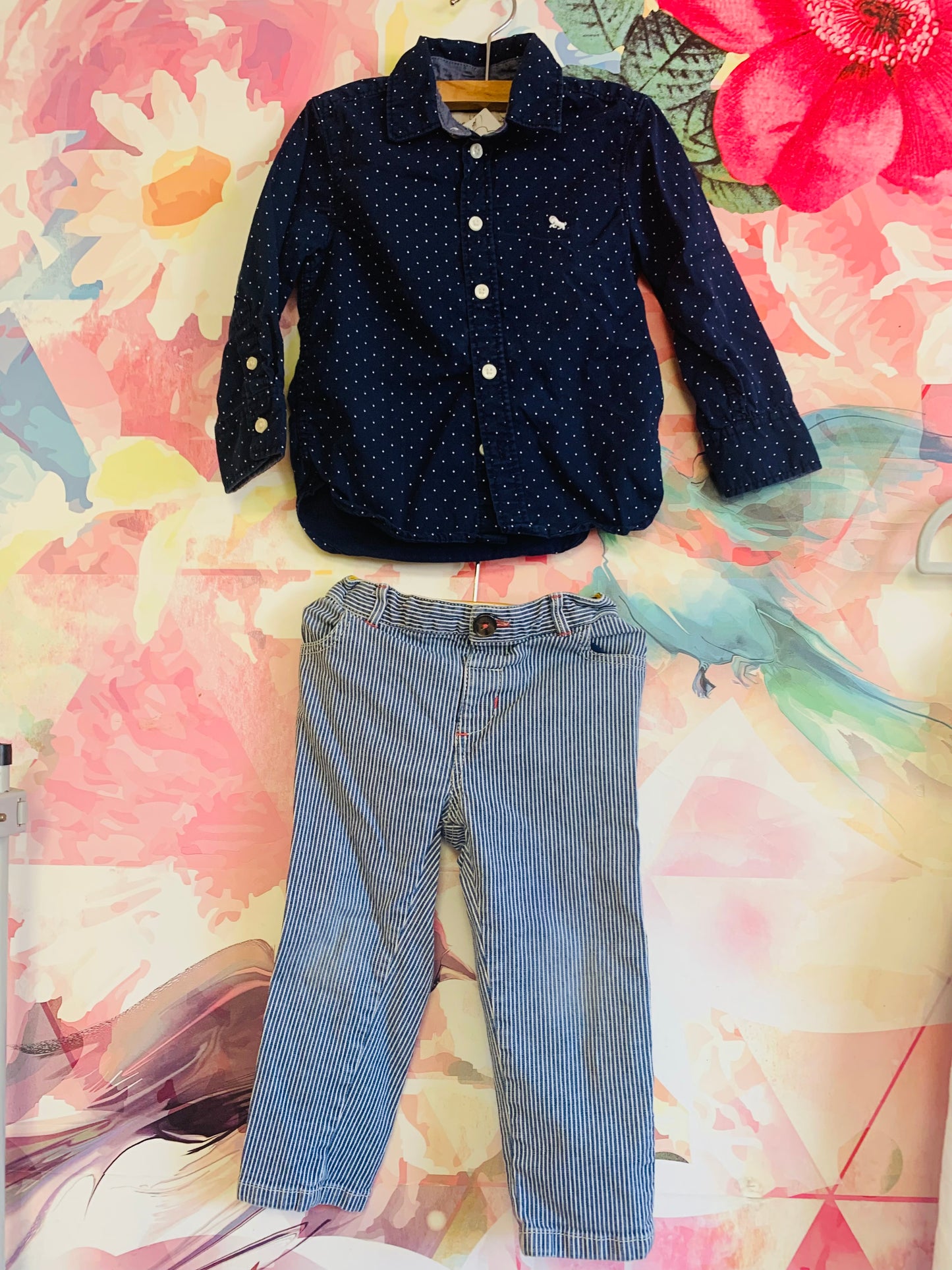 L.O.G.G. Blue polka dot button down & Mini Boden blue stripe pants. Size 18-24m