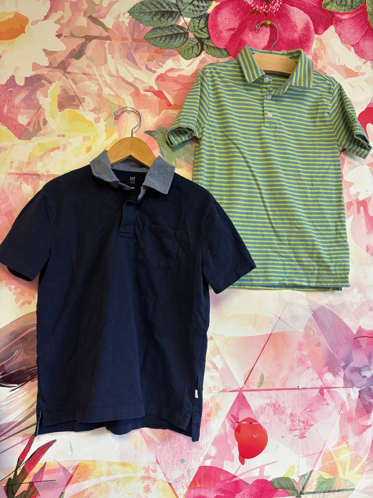 Crewcuts green & blue stripe short sleeve polo. Size 8 / Size 9. Gap Kids navy blue short sleeve polo. Size M (8). Sold together.
