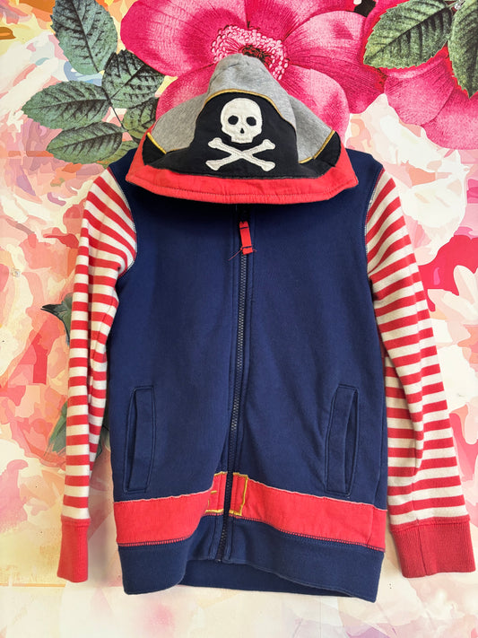 Mini Boden blue zip up pirate hoodie with red/white stripe sleeves, sword on back. Size 7T.