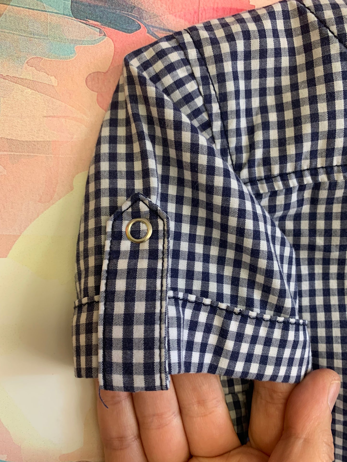 Kapital K blue & white checkered button down shirt with snaps. Size 2T.