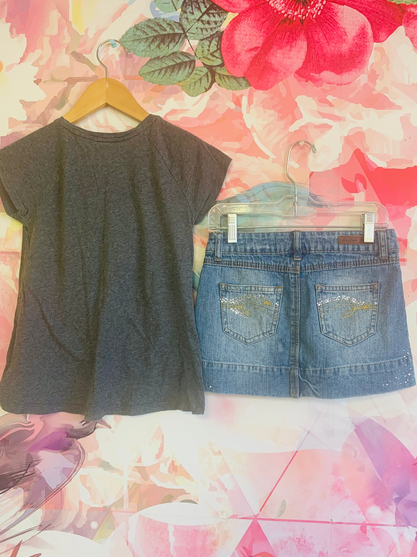 Gap grey t shirt with sequin owl face size 8 and Limited too denim skirt with rhinestone detail size 7
