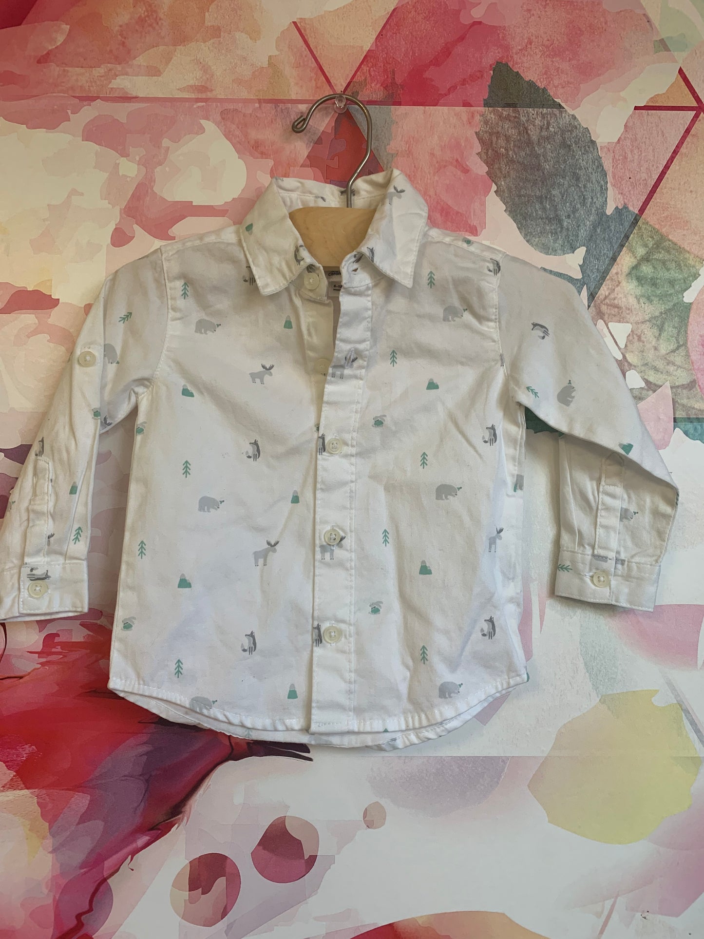 Mon Caramel white button down with tiny green/grey forest animals & trees. Size 6-12m.