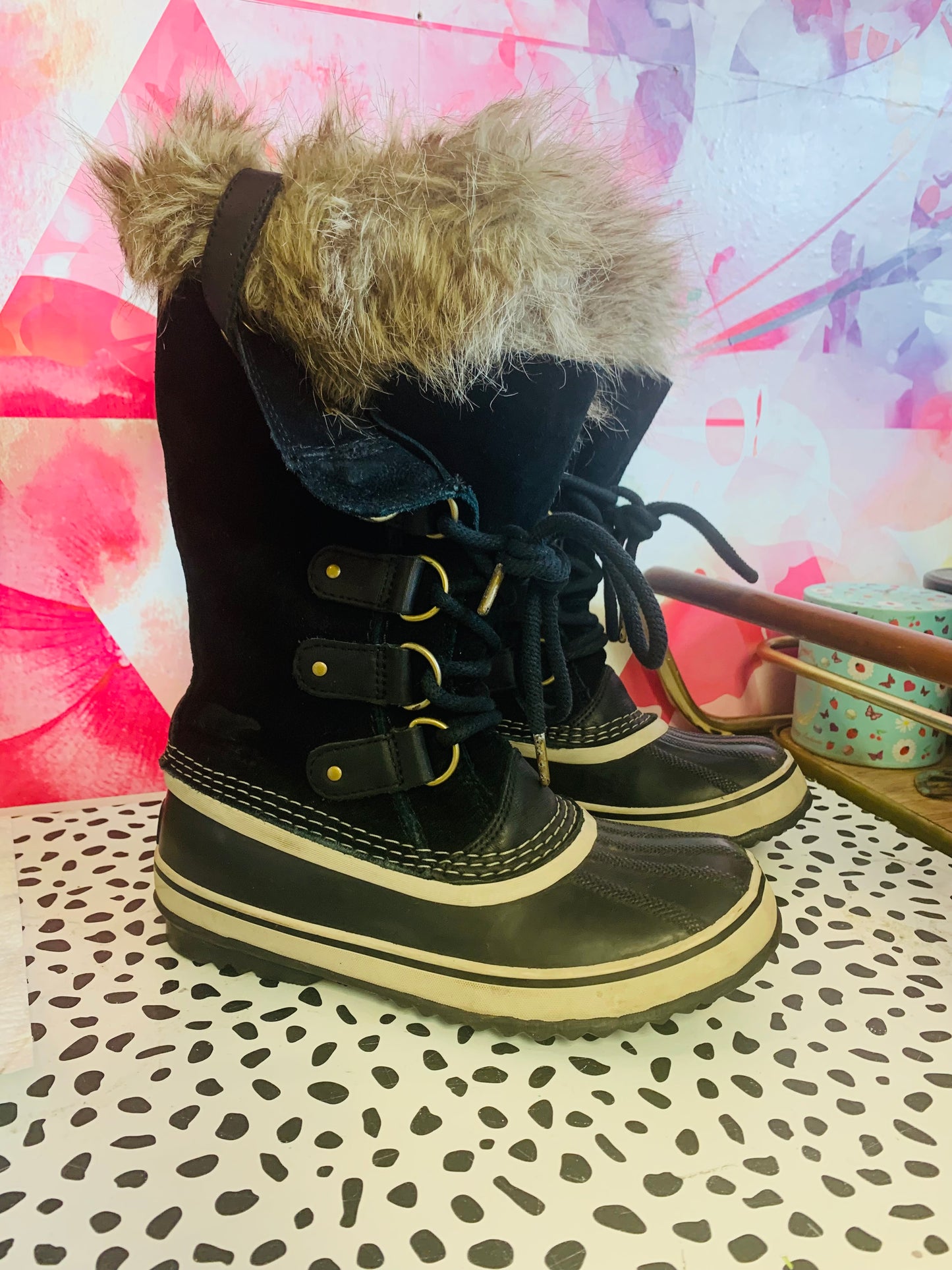 SOREL Waterproof Black Tall Winter Boots. Faux Fur. Size 6.5B