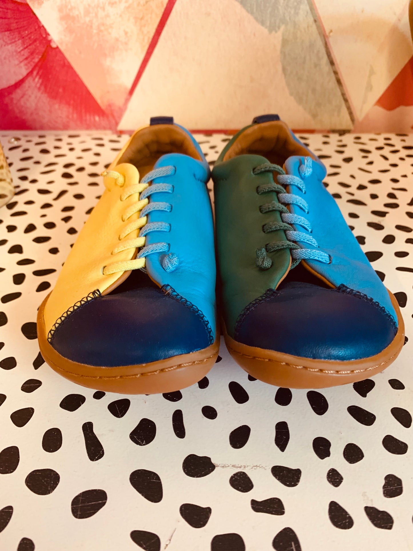 Camper Leather Shoes. Dark Blue, Light Blue, Yellow, Green. Size 1B.