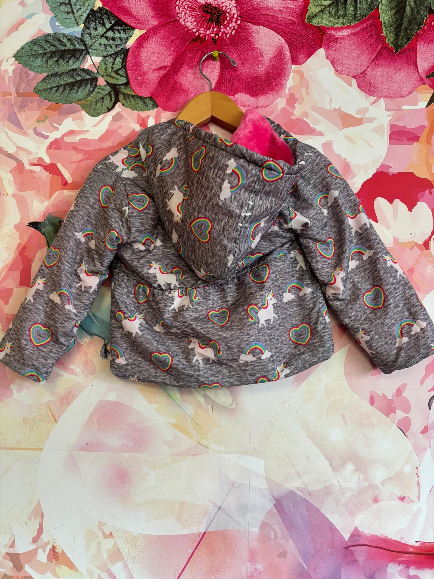 Penelope Mack grey puffy coat with unicorns & rainbows. Pink fleece lining & hood. Size 2T
