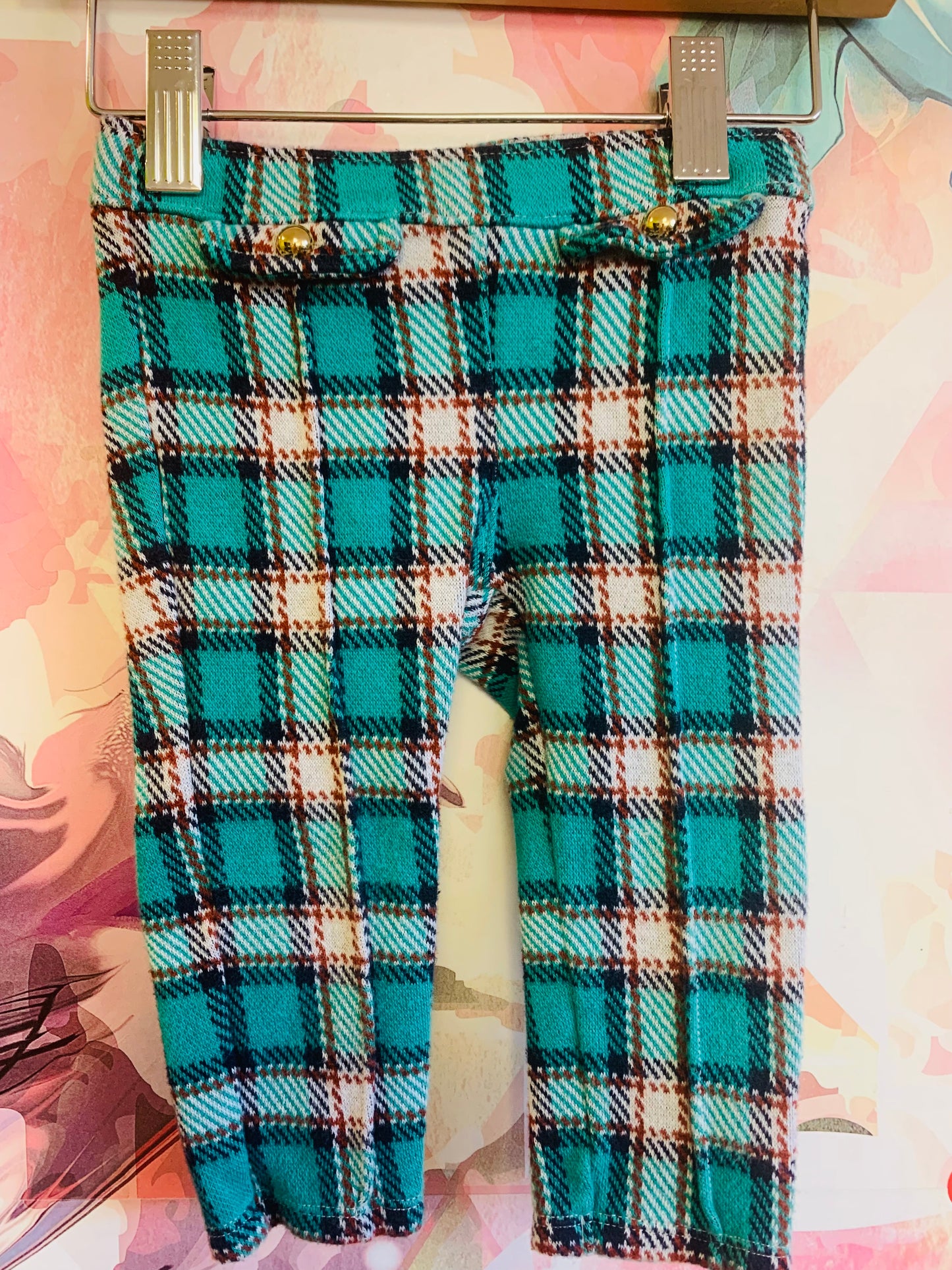 Janie & Jack green, blue, brown plaid leggings with gold buttons on faux front pockets. Size 12-18m