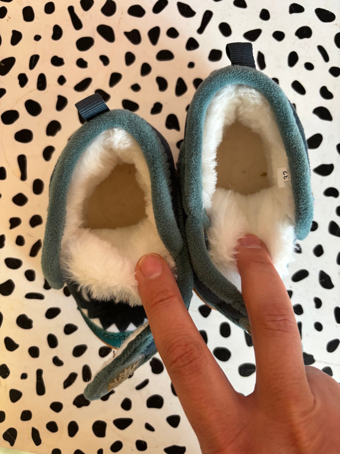 Blue monster face fleece boots with Velcro & faux fur lining. Never worn. Size 5 (shoes)