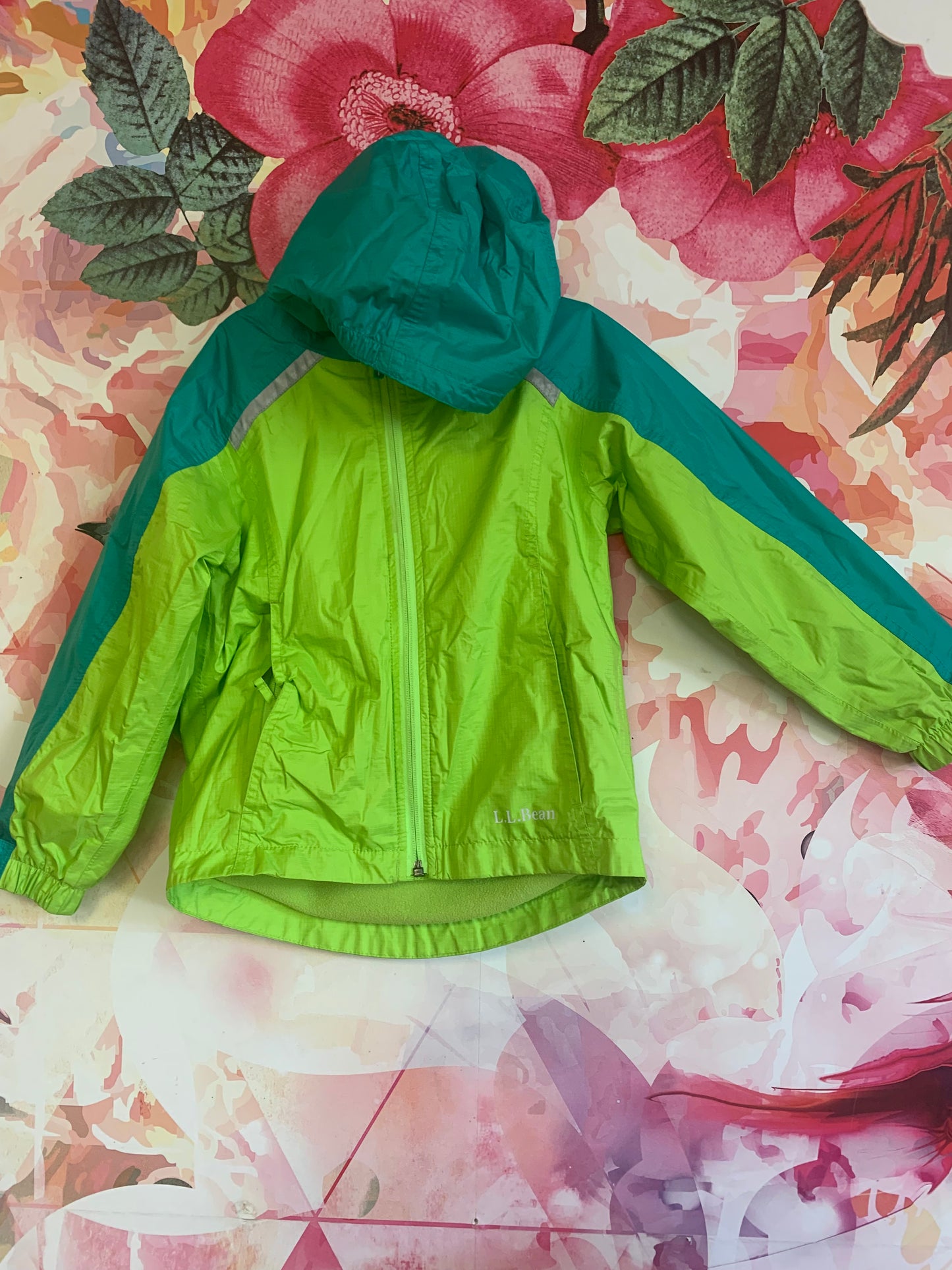 L.L. Bean teal & green raincoat with hood. Fleece lined. Size 4T