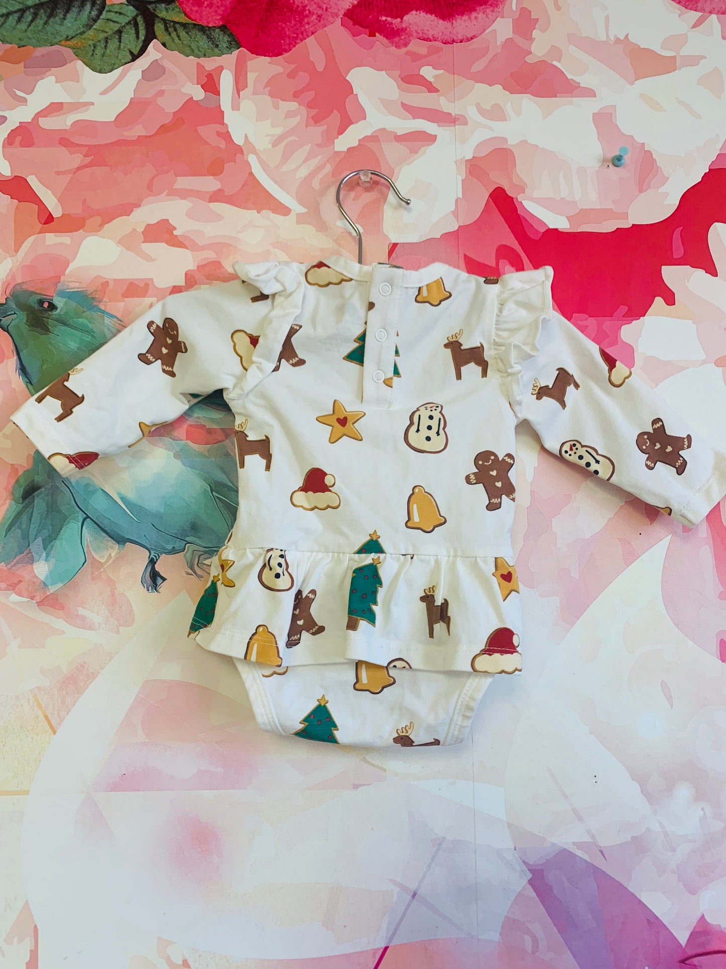 Monica & Andy cream long sleeve onesie with skirt. Holiday design with gingerbread cookies bells Xmas trees. Size 0-3m / NB