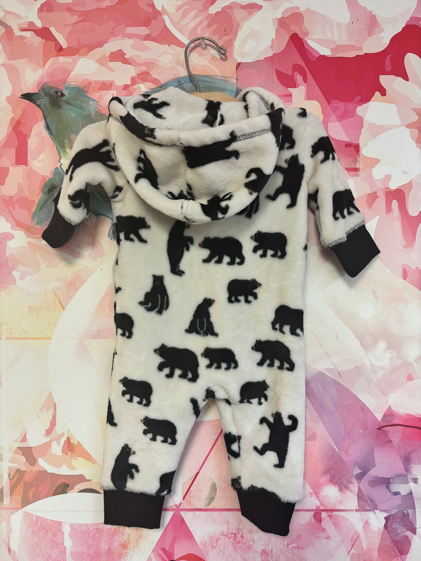 Little Blue House black & cream fleece romper with black bears & hood. Size 3-6m
