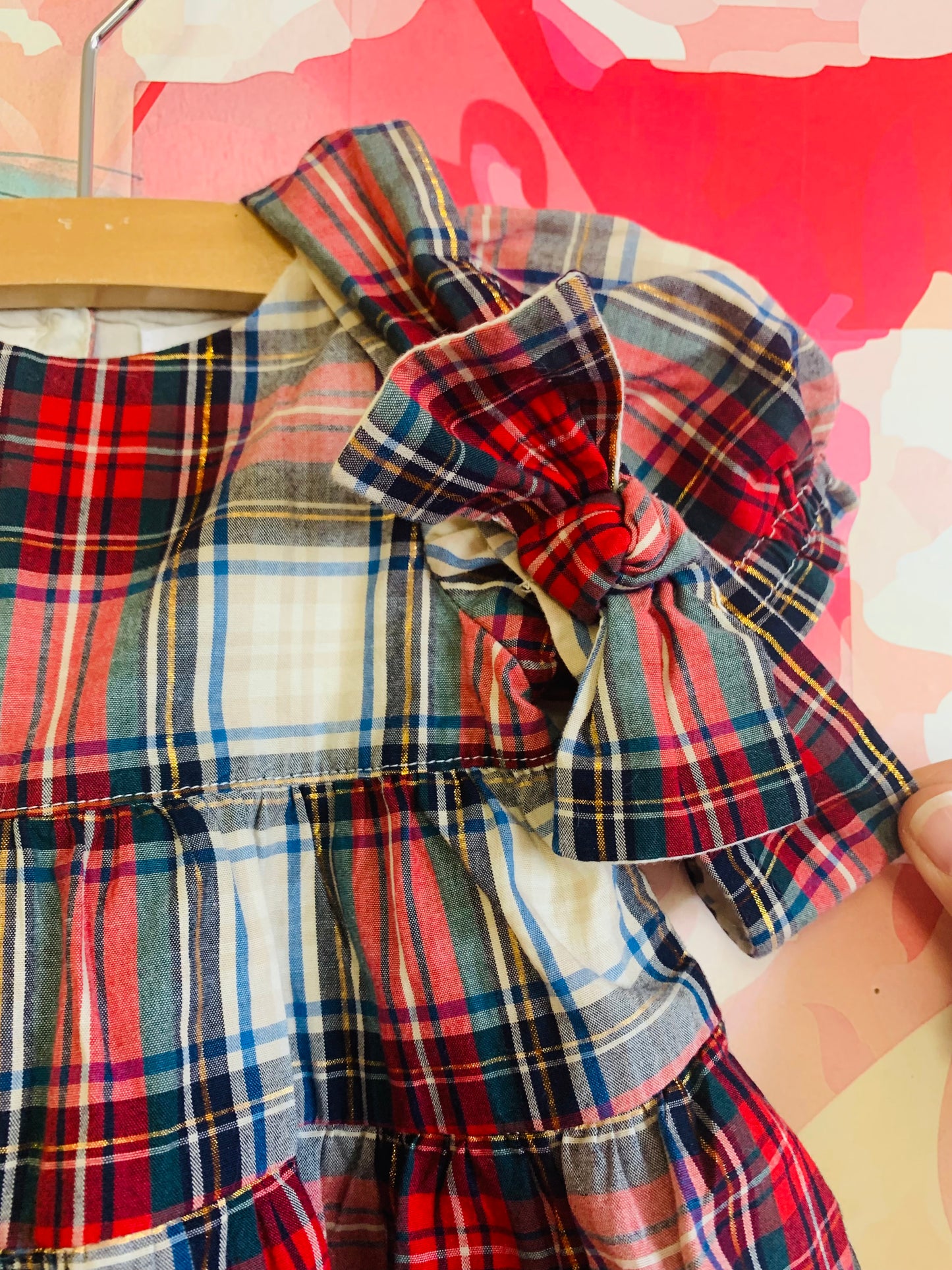 Baby Gap red, blue, cream, gold holiday plaid dress with matching headband & cream bloomers. Size 0-3m / NB
