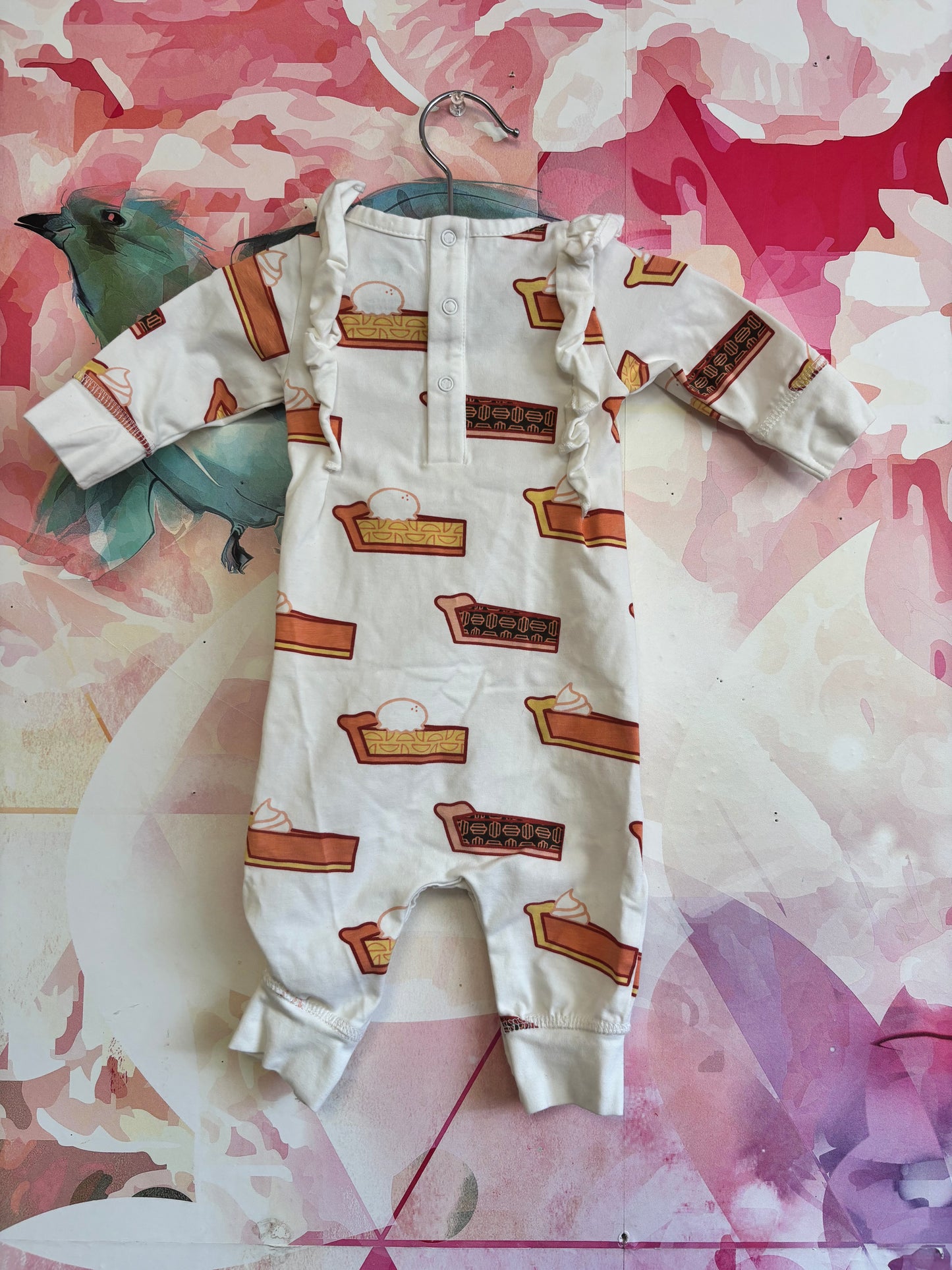 Monica & Andy long sleeve cream romper with ruffles on shoulders & Thanksgiving pies. Size 0-3m / NB