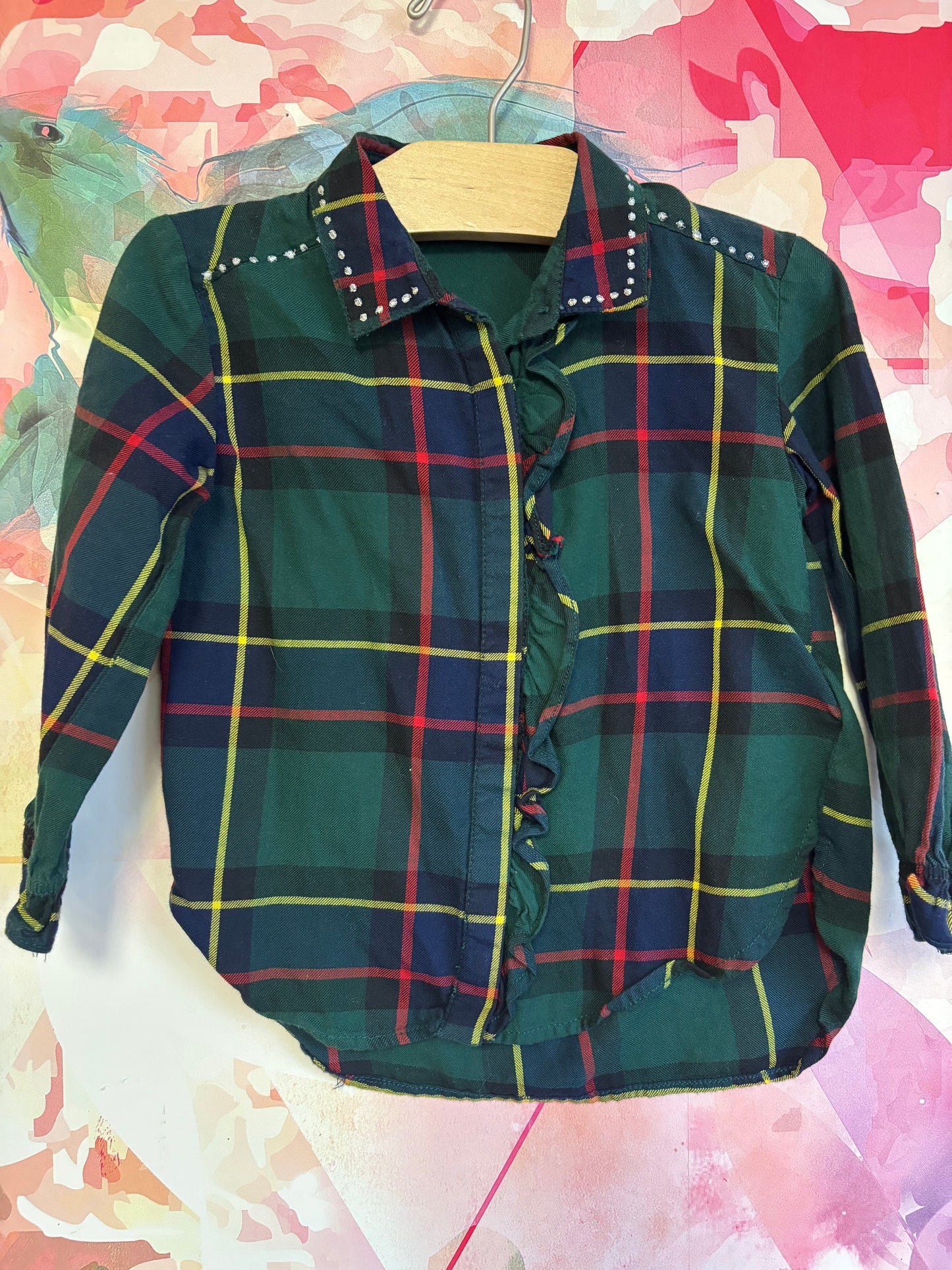 Mayoral green plaid button down blouse  with silver dots on collar. Ruffle & hidden buttons. Size 2T.