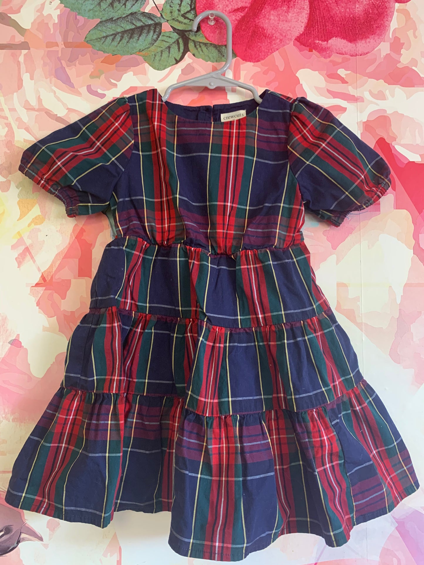 Crewcuts blue, red, green, gold short sleeve plaid dress. Size 2T