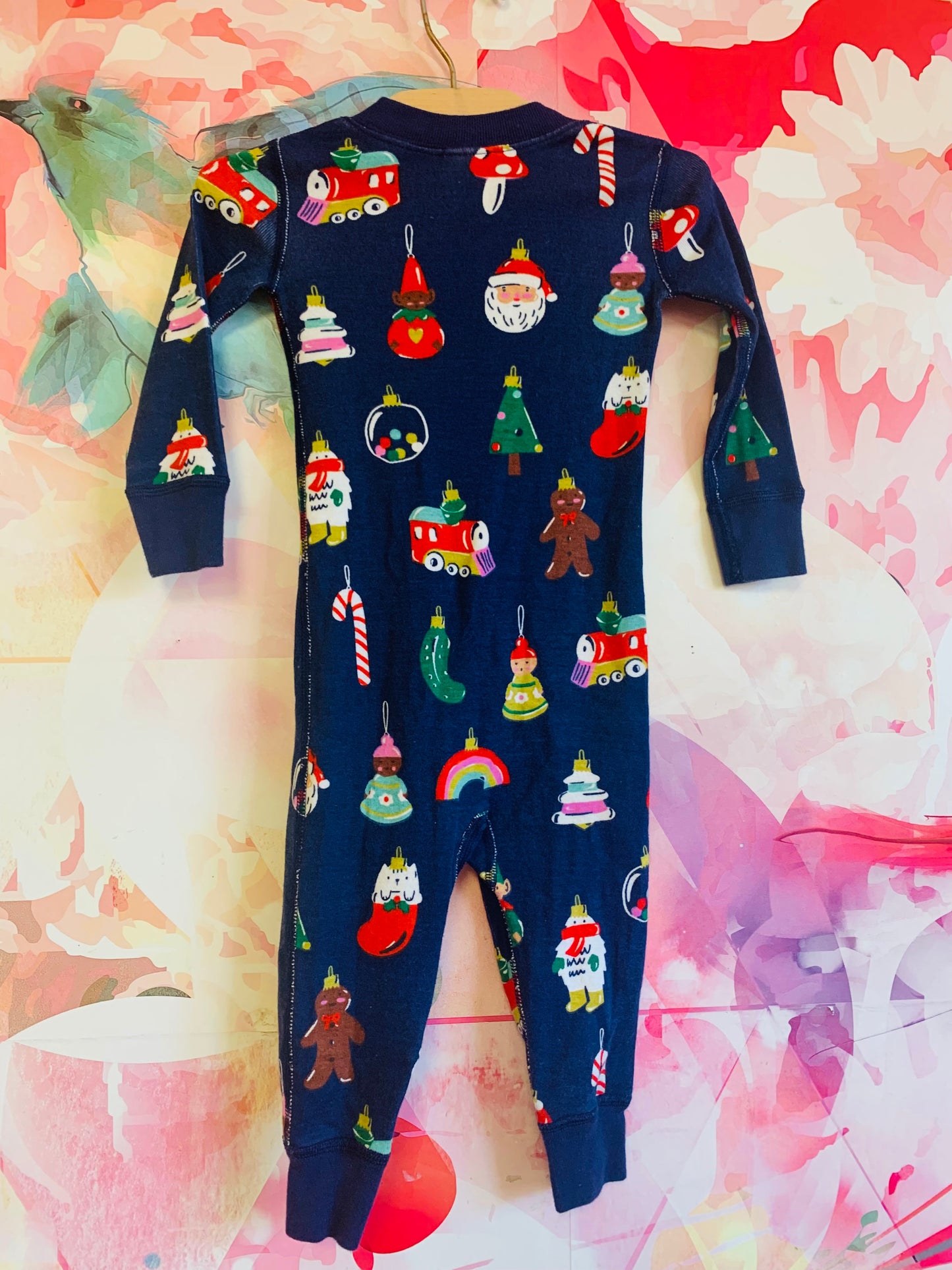 Hanna Andersson blue holiday long sleeve romper with Xmas trees, elves, candy canes. Size 18-24m