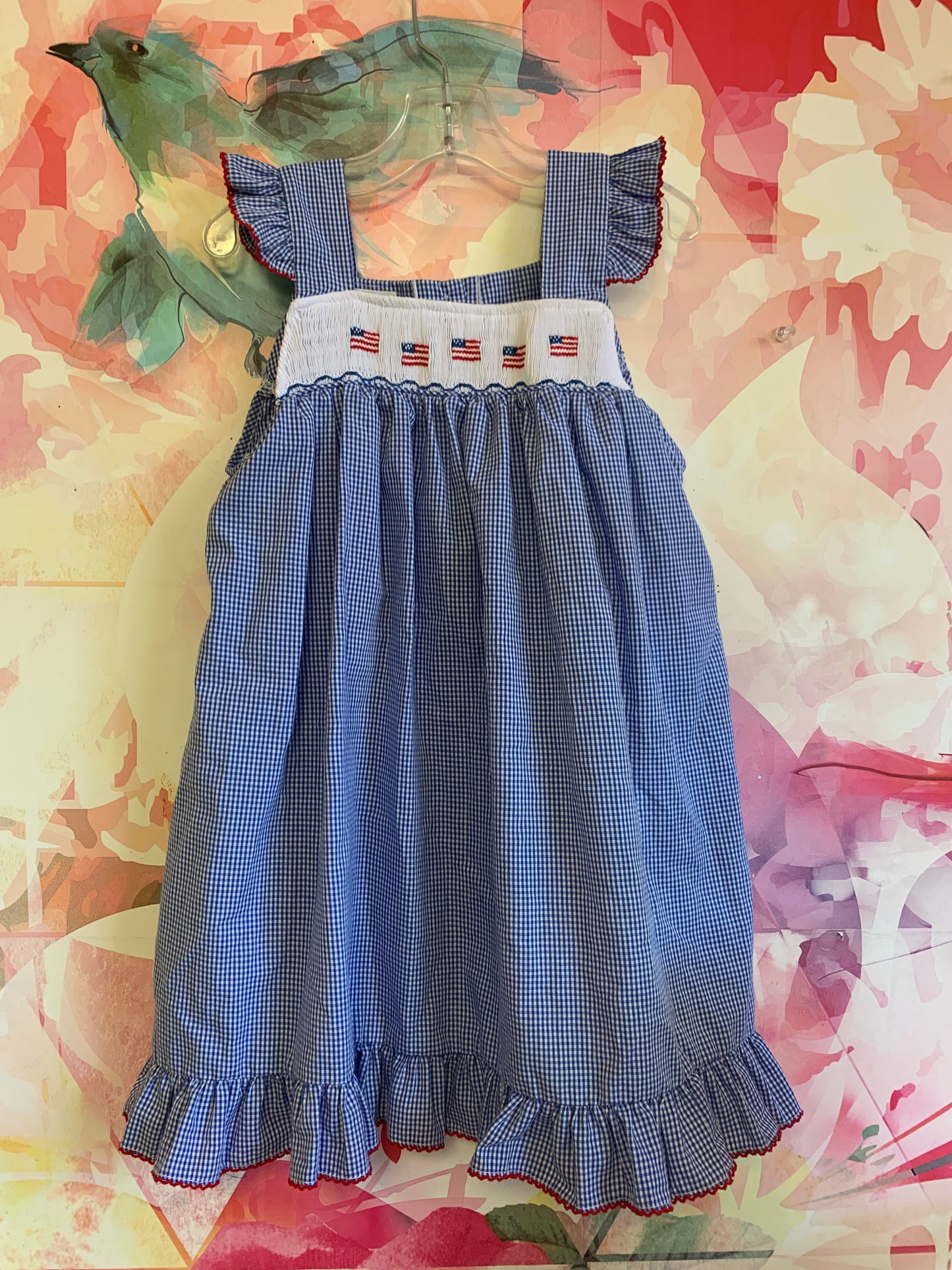 Bailey Boys blue & white checkered dress. American flag touching on neckline. Ruffle shoulders. Size 5T