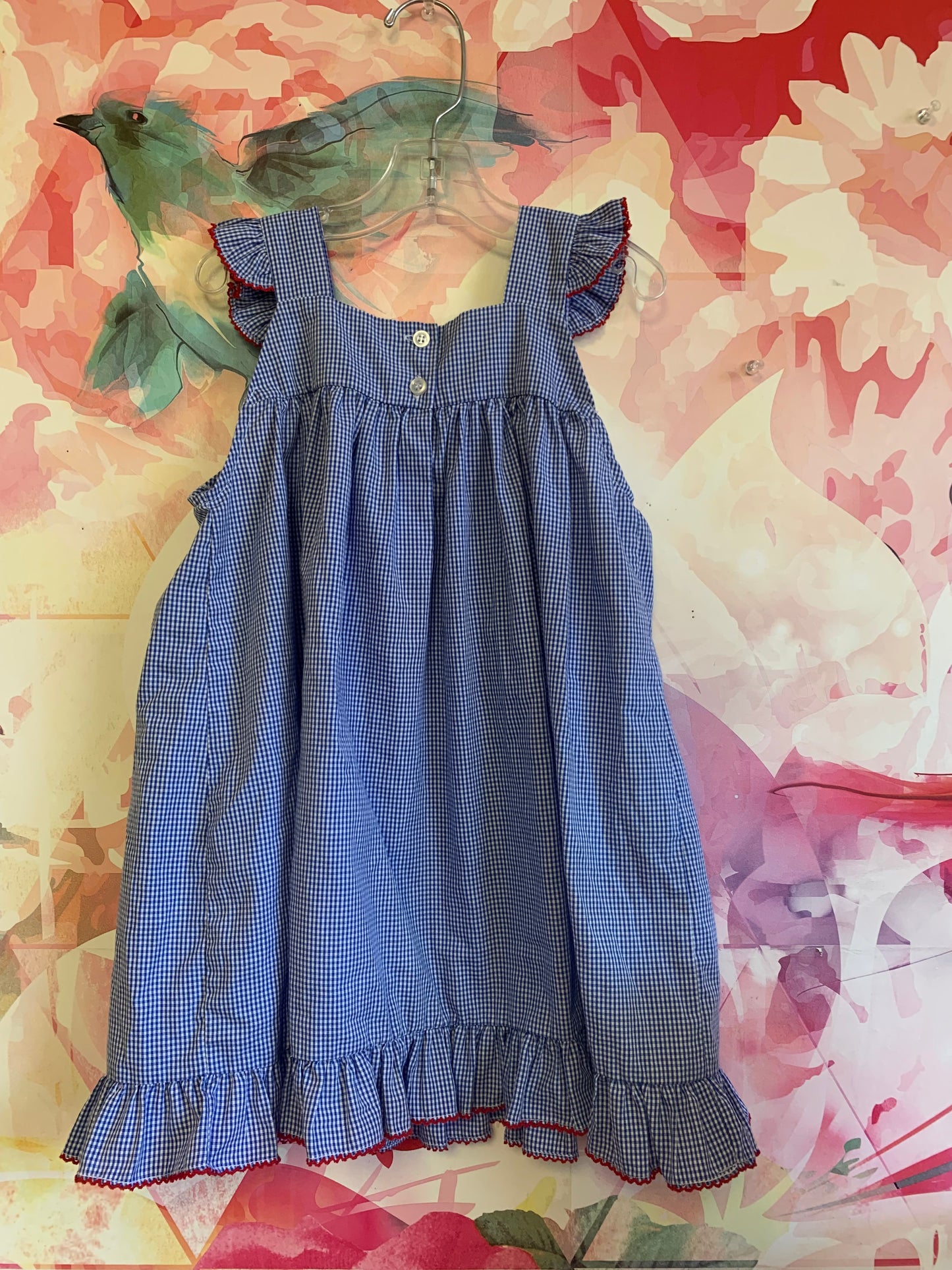 Bailey Boys blue & white checkered dress. American flag touching on neckline. Ruffle shoulders. Size 5T