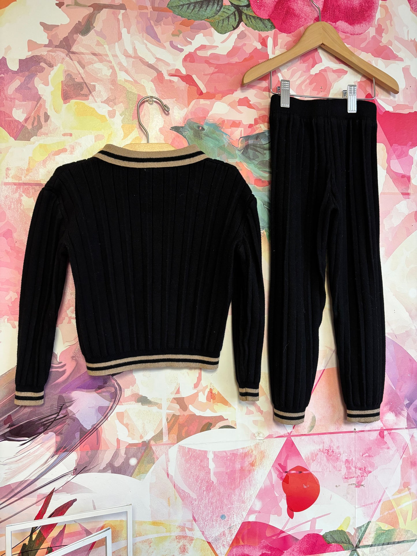 zmtx black & tan ribbed cardigan sweater & leggings. *small tear on legging waistband* size 2T / 3T