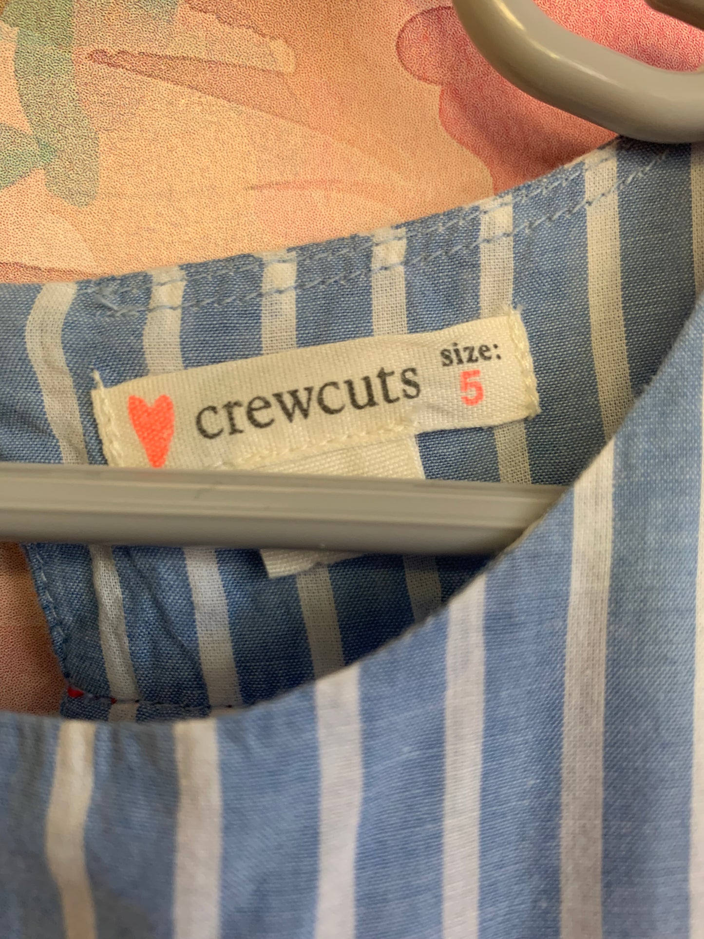 Crewcuts blue & white stripe shirt sleeve dress with red wavy piping. Size 5T