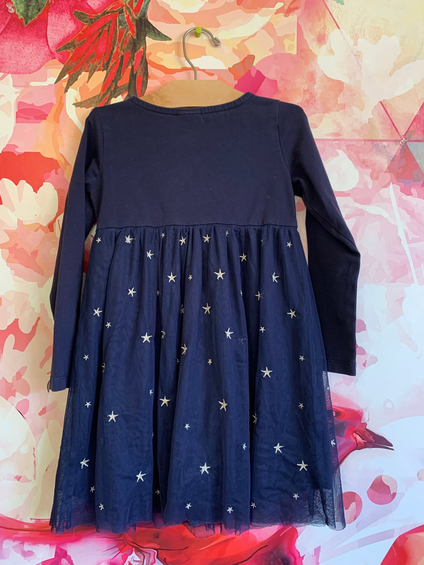 Hanna Andersson navy blue long sleeve dress with tulle skirt. Embroidered with stars, unicorns, flowers. Size 5T