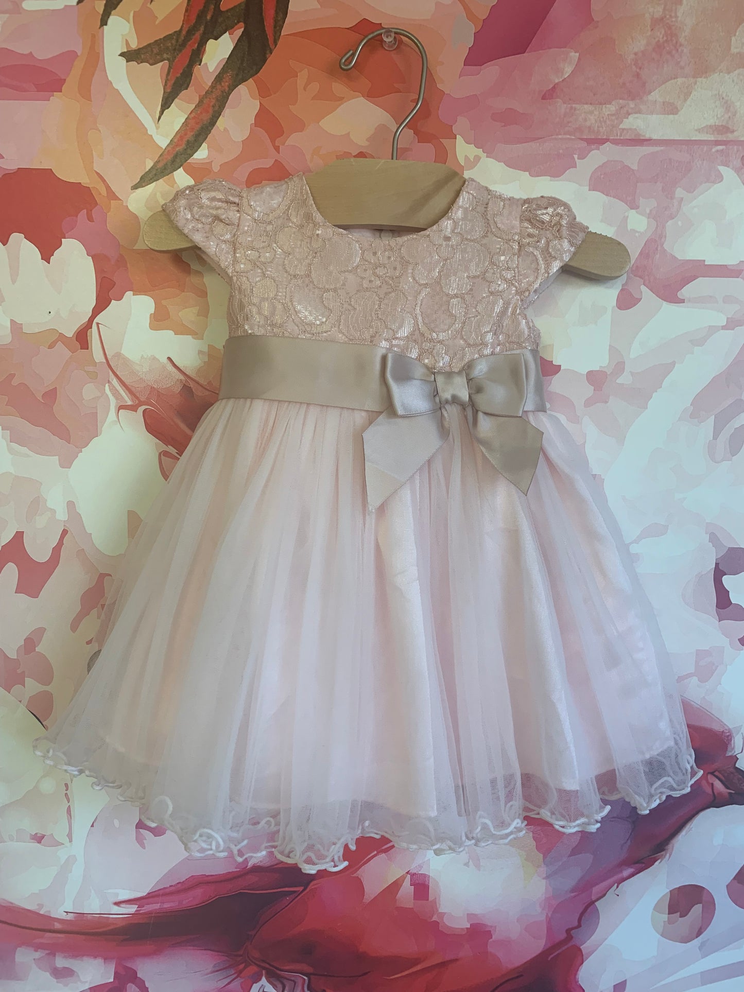 Bonnie Baby pink short sleeve tulle and lace dress with satin waist sash. Size 6-9m