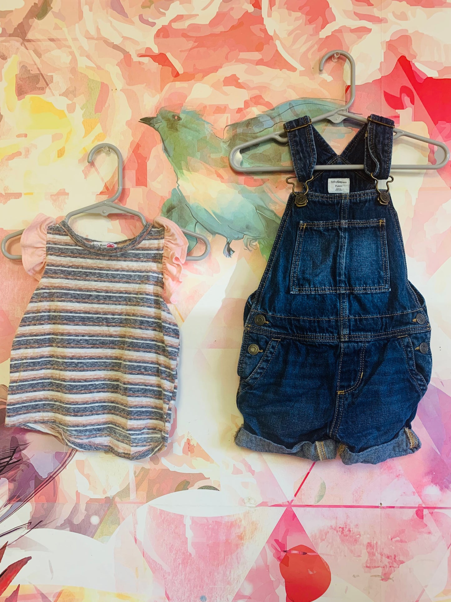 Baby Gap blue denim overall shorts and Bella Rose pink, grey, white striped tshirt. Size 2T