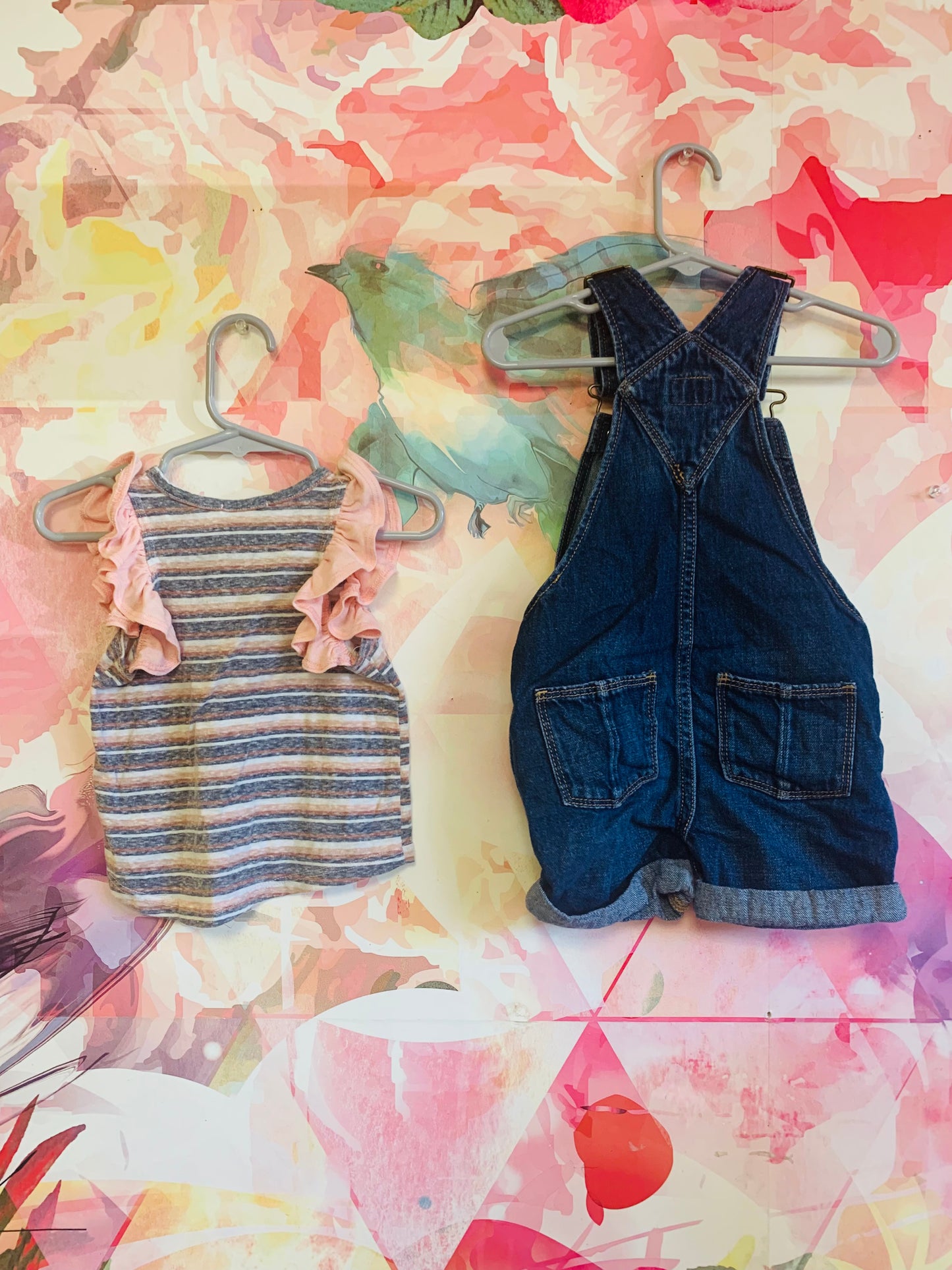 Baby Gap blue denim overall shorts and Bella Rose pink, grey, white striped tshirt. Size 2T