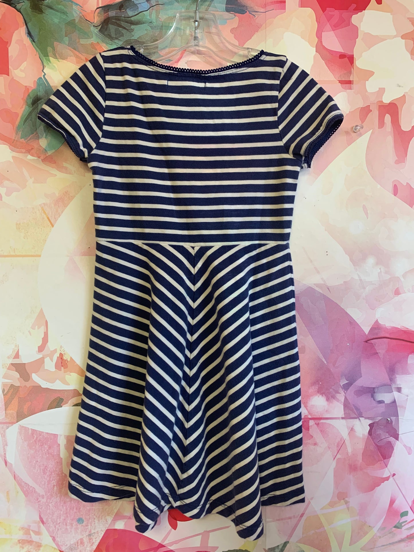 Petit Louie blue and white stripe short sleeve dress. Baby B’gosh white 100% cotton cardigan. Both size 5T