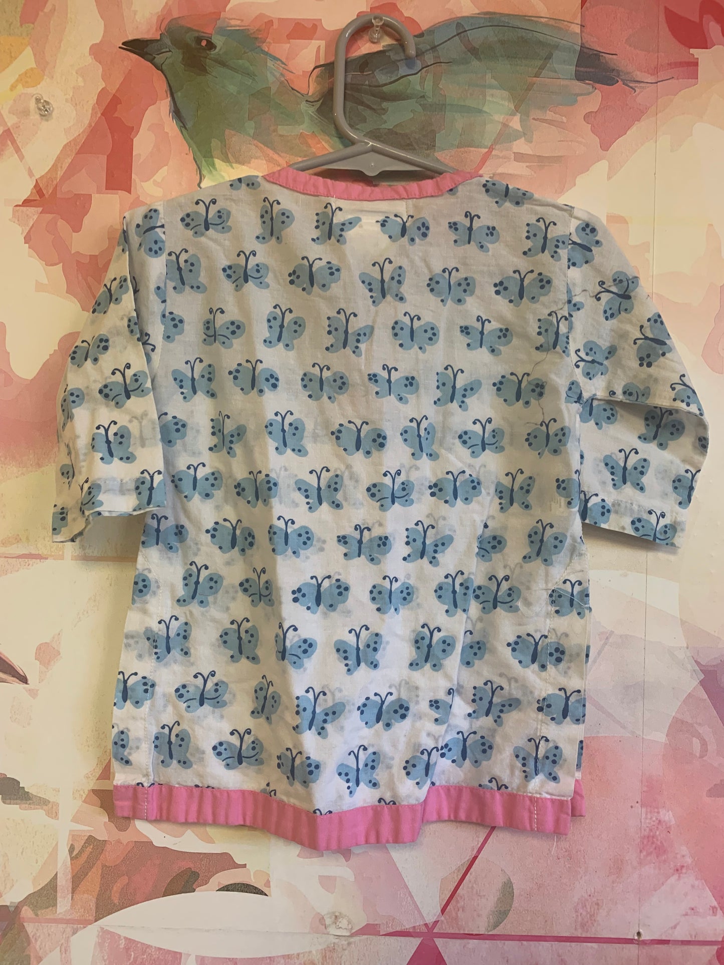 Pottery Barn Kids white swim cover shirt with blue whales & pink trim. Size 6-12m