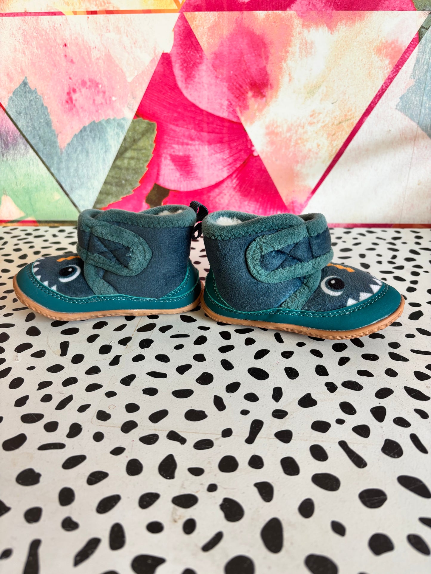 Blue monster face fleece boots with Velcro & faux fur lining. Never worn. Size 5 (shoes)